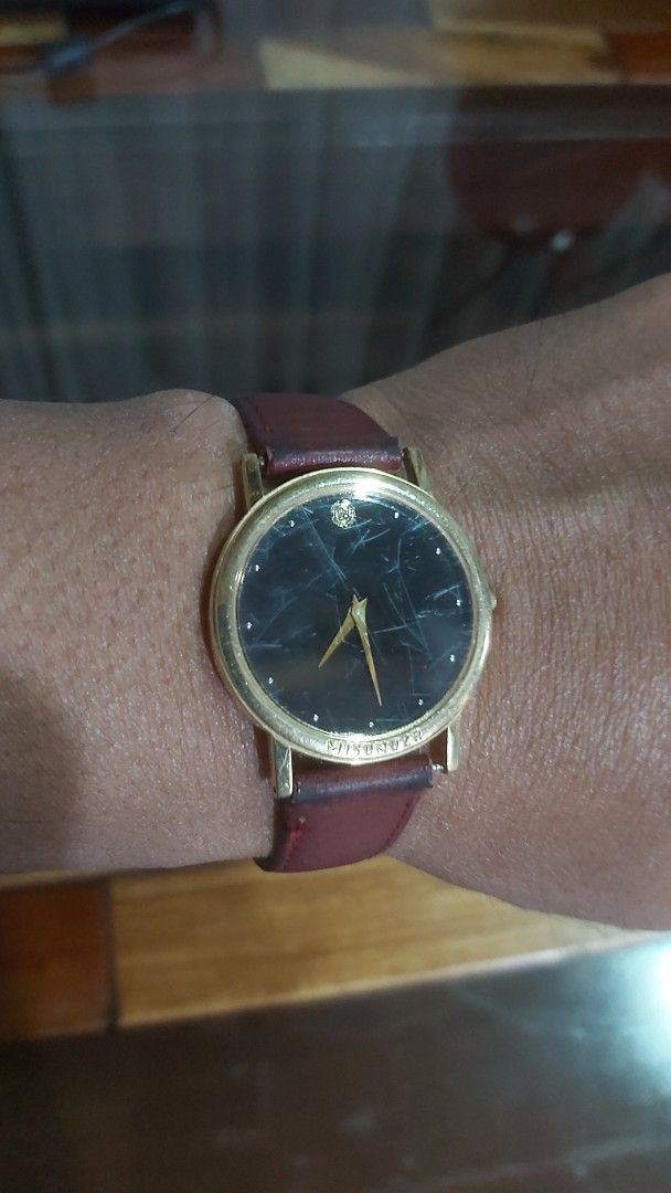 Ricoh Misonoza 100th Anniversary Watch (Category: Luxury Watches) located in Naga. Submitted by kenshin78 (Listing ID 1419150570, Image 1). Description: -Ricoh Misonoza 100th anniversary watch - Black dial with gold-tone hands - Gold-tone case - Burgundy leather strap - Minimalist design with single dot at 12 o'clock - Made in Japan - Perfect for everyday wear.