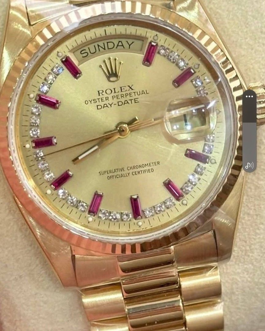 Rolex (Category: Luxury Watches) located in Las Pinas. Submitted by calmphoenix.234114 (Listing ID 1419162194, Image 3). Description: Factory Settings Day Date 36mm Full 18k Gold String Diamond Ruby Dial Reference 18038 Comes watch, box, RSC Service Receipt Year 1979 Case diameter approximately PM for inquiries.