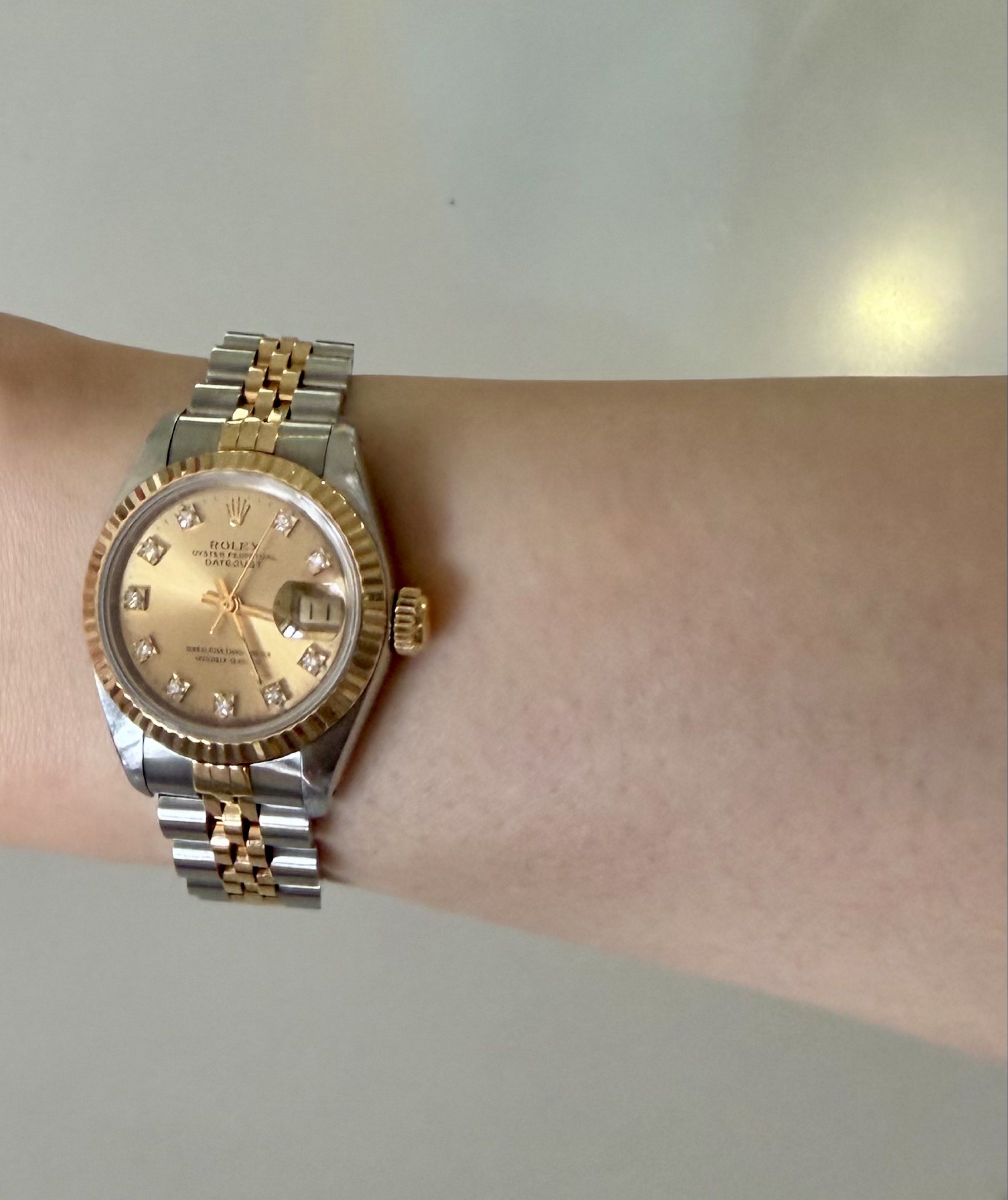 Rolex Datejust Ladies 26mm (Category: Luxury Watches) located in Quezon City. Submitted by 18john (Listing ID 1419055219, Image 1). Description: - Rare (Local AD )Rolex Datejust Jubilee Bracelet Automatic watch 26mm with Box and Certificate - Two-tone stainless steel and 18k gold bracelet - Champagne dial with diamond hour markers - Fluted bezel - Date display cyclop at 3 o'clock - personal-owned and rarely-used, minor signs of usage .
