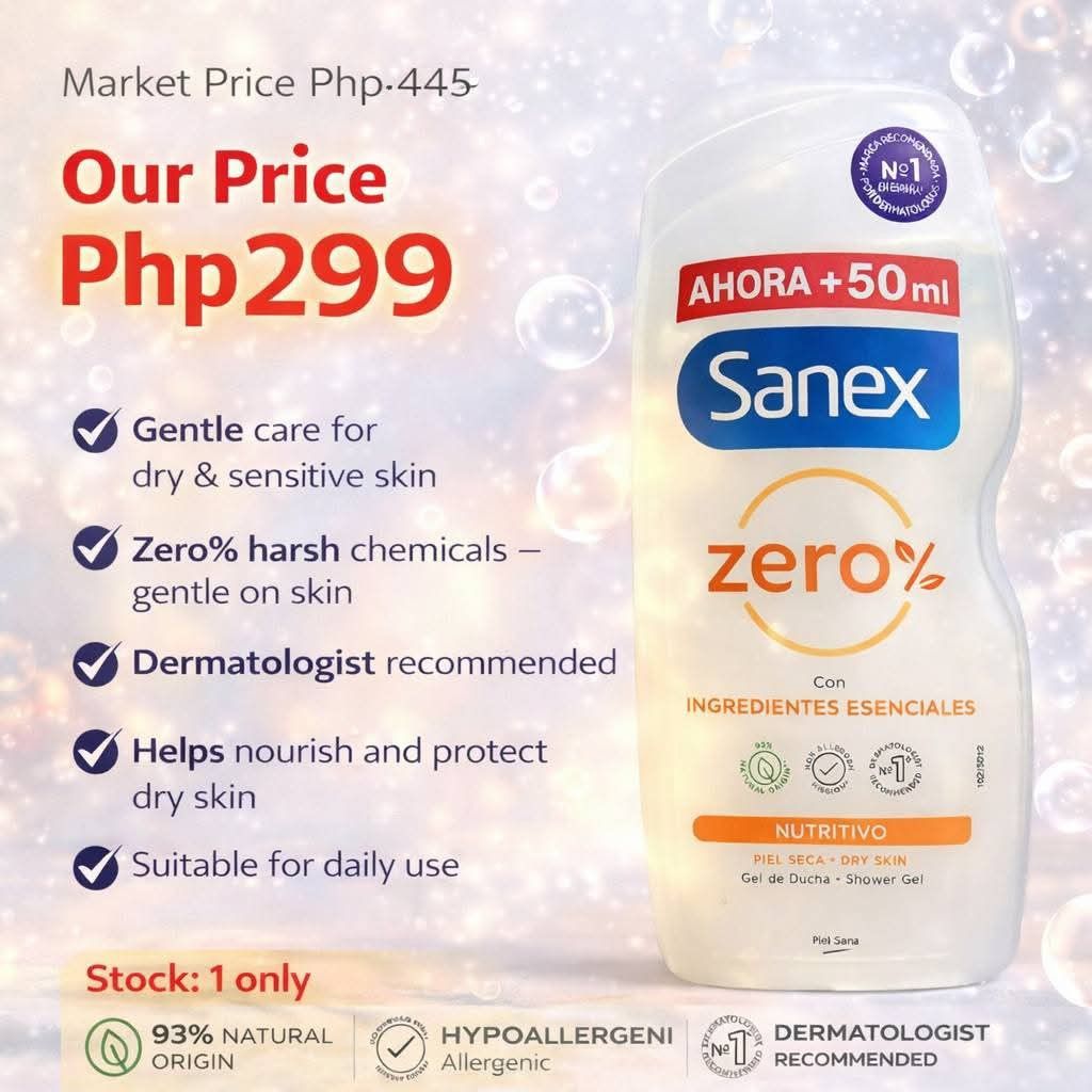 Sanex Zero% Shower Gel for Dry & Sensitive Skin (Category: Bath) located in Santa Rosa. Submitted by joycee1212 (Listing ID 1419158639, Image 1). Description: Sanex Zero% shower gel is specially formulated for dry and sensitive skin. It offers gentle care, is free of harsh chemicals, and is dermatologist-recommended. It helps nourish and protect dry skin, suitable for daily use. The product contains 93% natural origin ingredients. Market price is