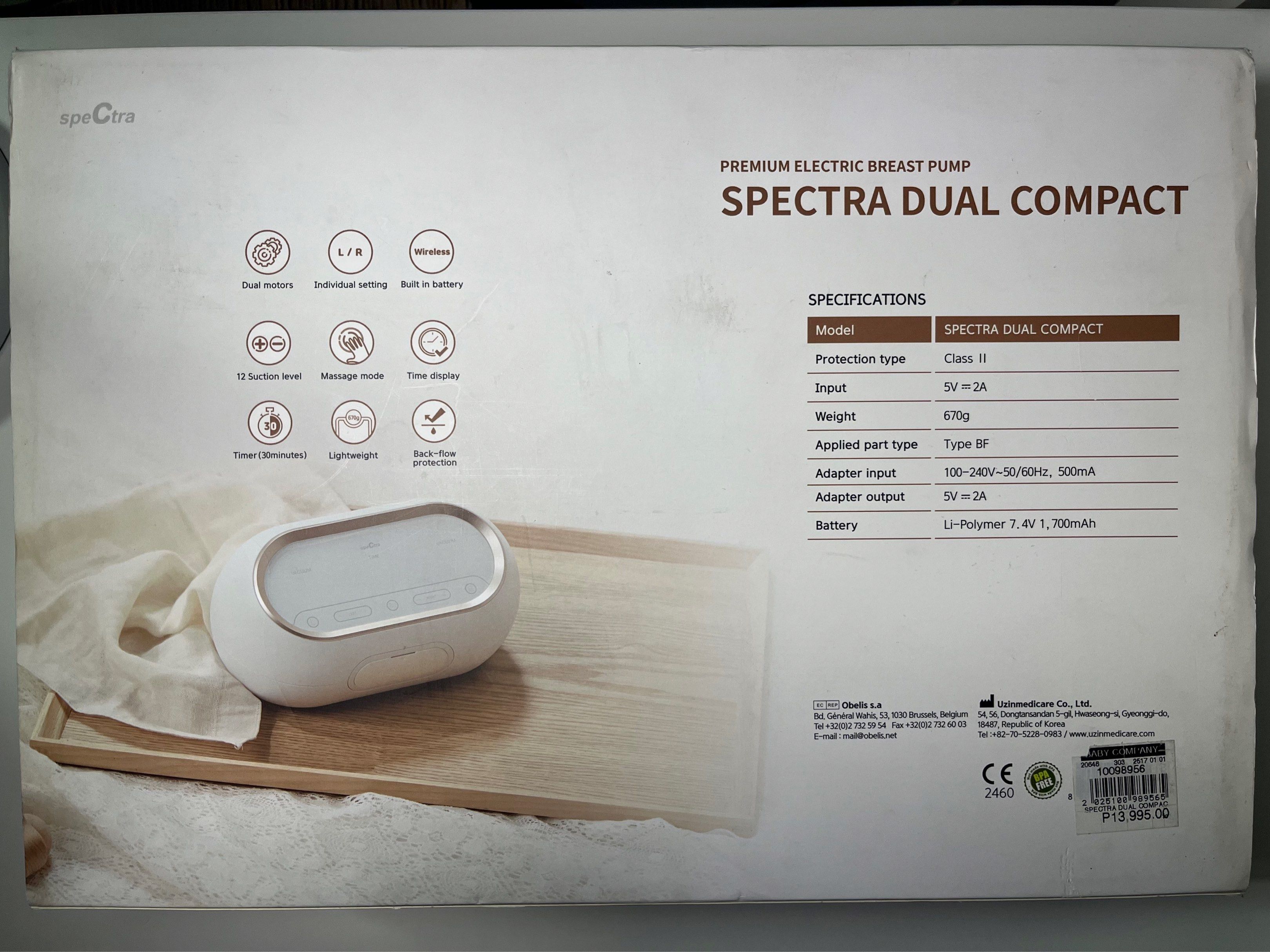 Spectra Dual Compact Breast Pump (Category: Breastfeeding & Bottle Feeding) located in Taytay. Submitted by bibidibabidiboo_1213 (Listing ID 1418993660, Image 2). Description: - Spectra Dual Compact Breast Pump - Premium electric breast pump - Compact and lightweight - Dual motors - Individual settings - Built-in battery - Timer function - Includes accessories - Modern design - SRP: Php 14,000 selling for only Php 9,000 price negotiable - Only us