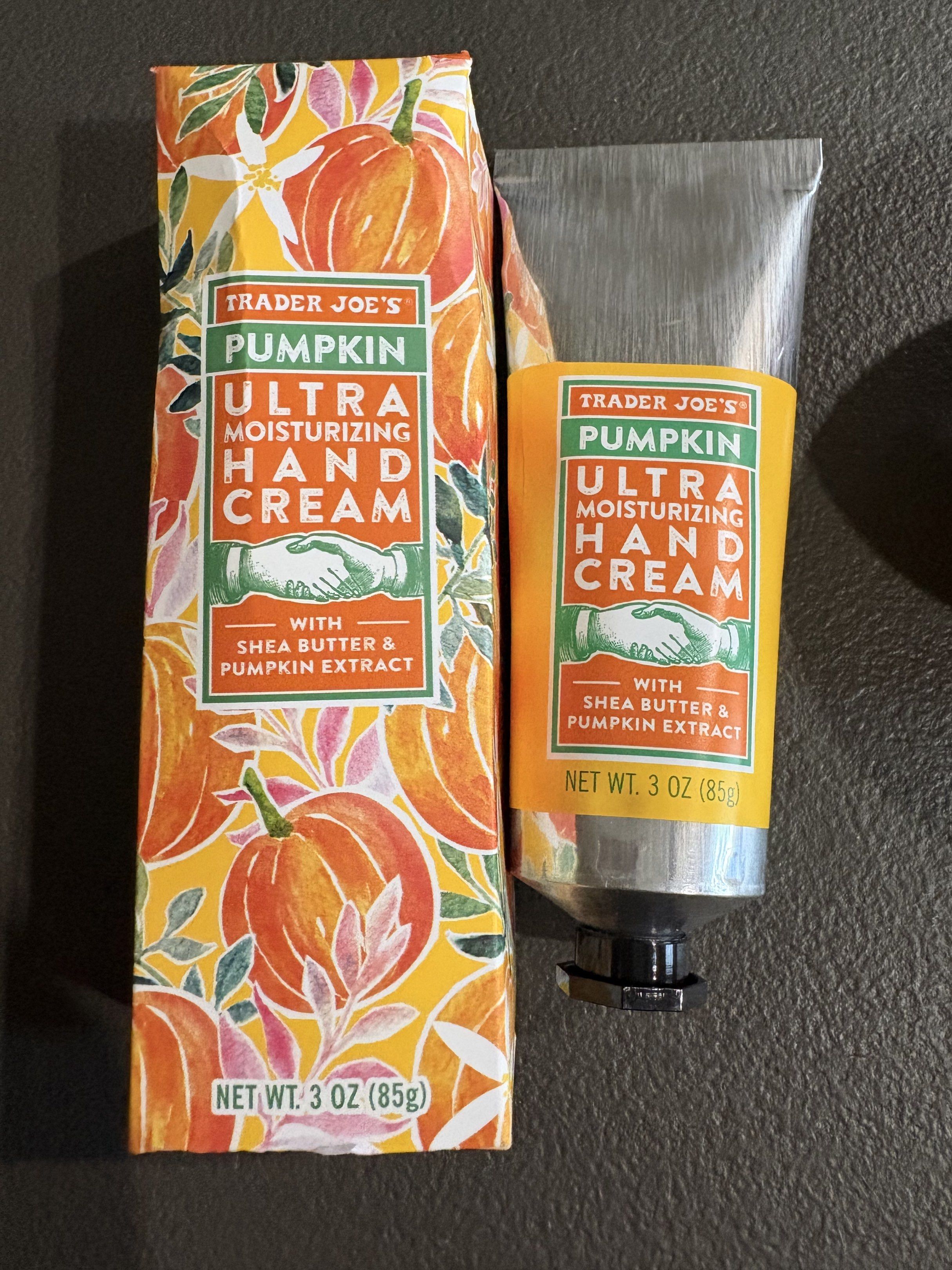 Trader Joe's Pumpkin Hand cream (Category: Hands & Nails) located in Pasig City. Submitted by declutterwithmaria (Listing ID 1419006843, Image 1). Description: 85g New/unopened From US Rfs: extra.