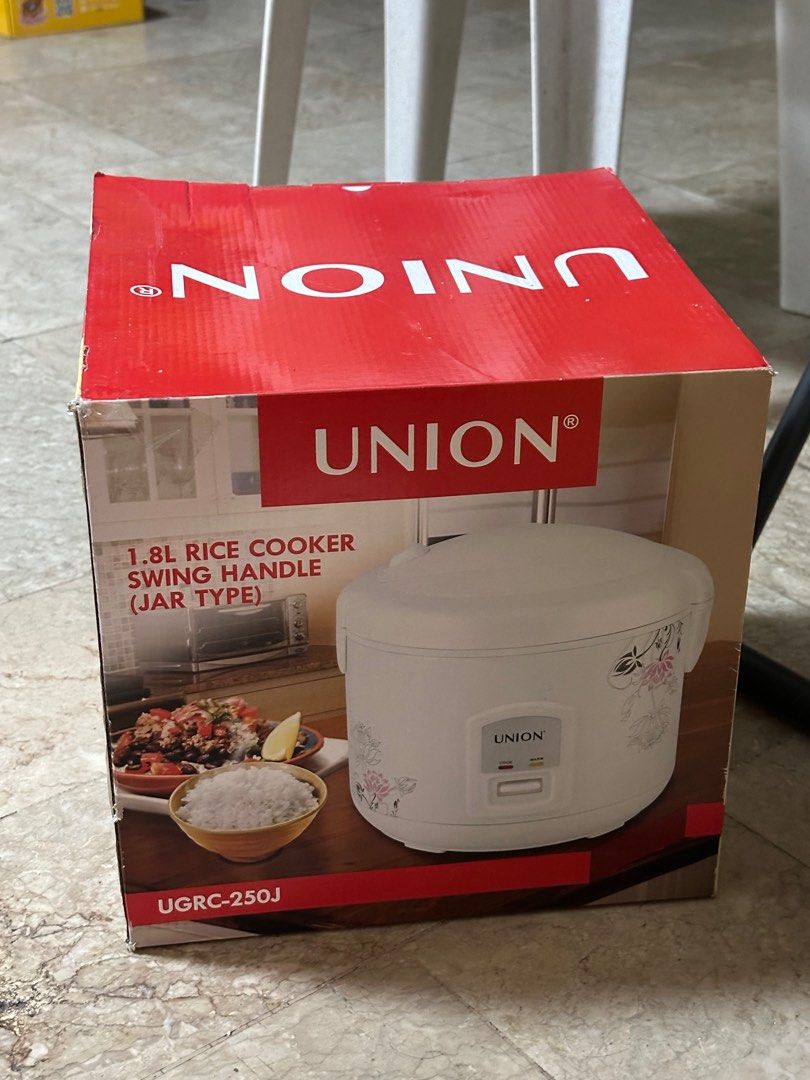 Union 1.8L Rice Cooker Swing Handle (Category: Cookers) located in Baliuag. Submitted by stopandshoppe (Listing ID 1419078848, Image 1). Description: - Union 1.8L Jar Type Rice Cooker - Model: UGRC-250J - Elegant white finish with floral design - Convenient swing handle - Easy-to-use control panel with indicator lights.