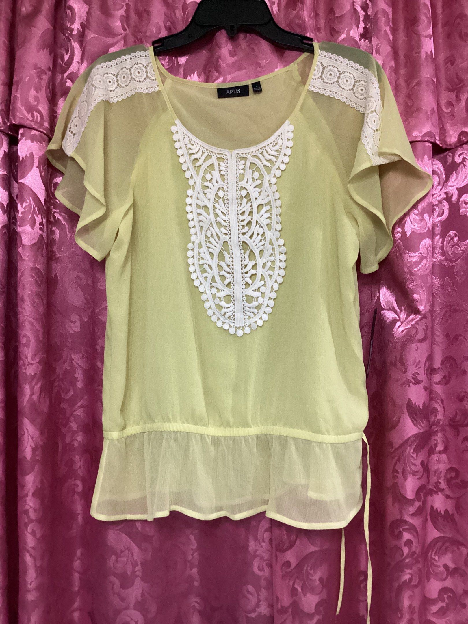 Yellow blouse by APT.9 (Category: Blouses) located in Davao. Submitted by ferdipt (Listing ID 1419116443, Image 1). Description: Size S Made in Indonesia Crochet Trim Drop Waist.
