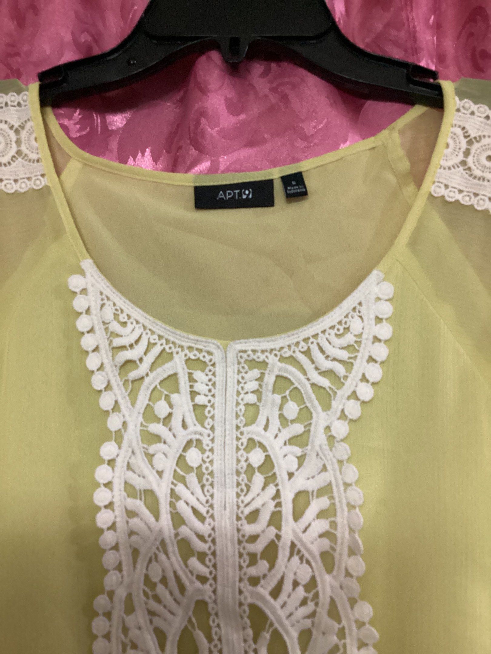 Yellow blouse by APT.9 (Category: Blouses) located in Davao. Submitted by ferdipt (Listing ID 1419116443, Image 2). Description: Size S Made in Indonesia Crochet Trim Drop Waist.