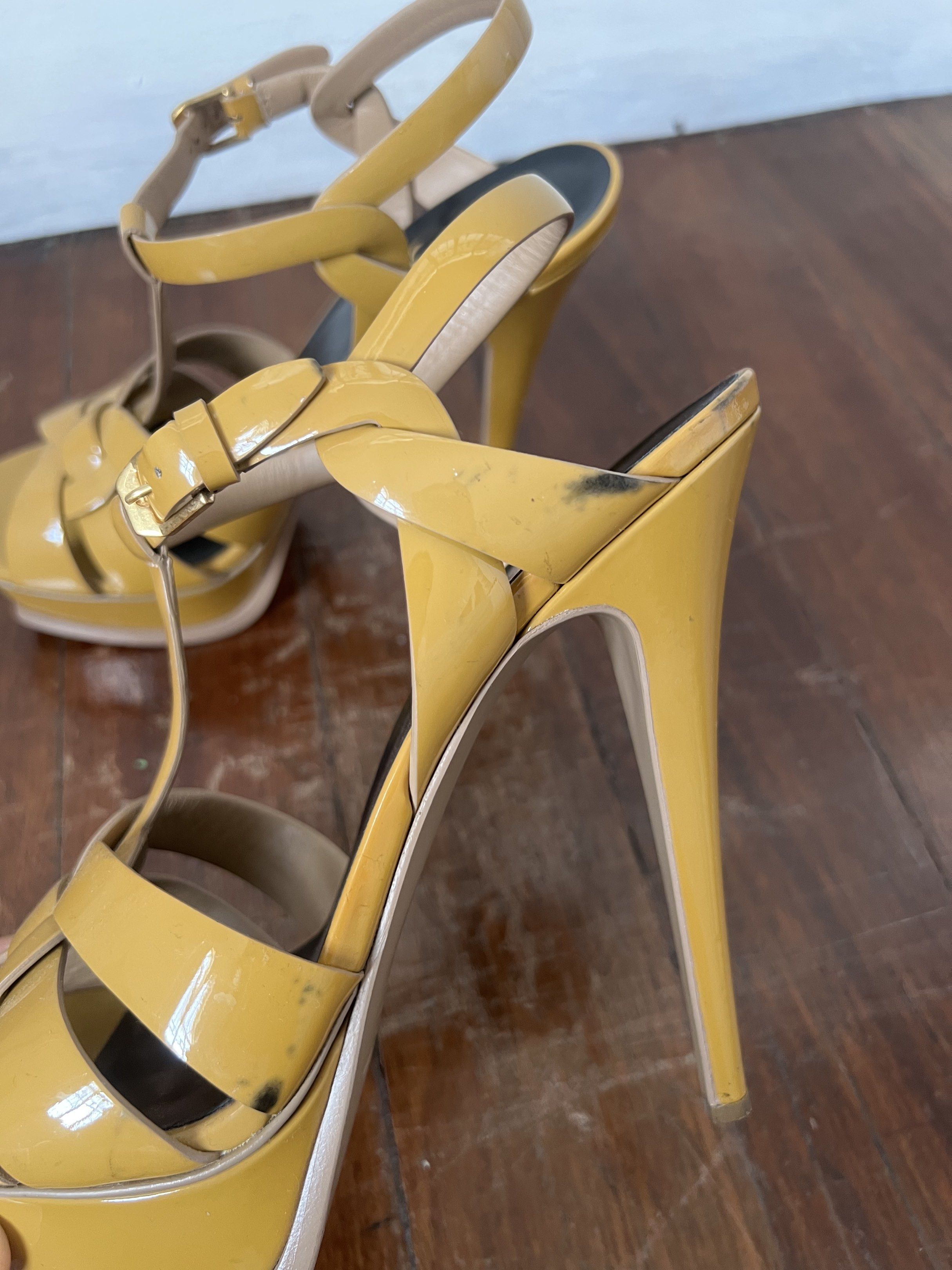 YSL Tribute Heels (Category: Heels) located in Quezon City. Submitted by kdiv_ (Listing ID 1419103534, Image 3). Description: Personal preloved |Guaranteed Authentic Bought in Saks Fifth NYC Size 38 1/2, fits US 7-7.5 Shoes only Major flaws: Discoloration on leather, might need to be sent to a professional leather specialist for touch up. RFS: Decluttering, no longer being used MOP: BDO/GCash Shipping fee to be shouldered by the buyer.