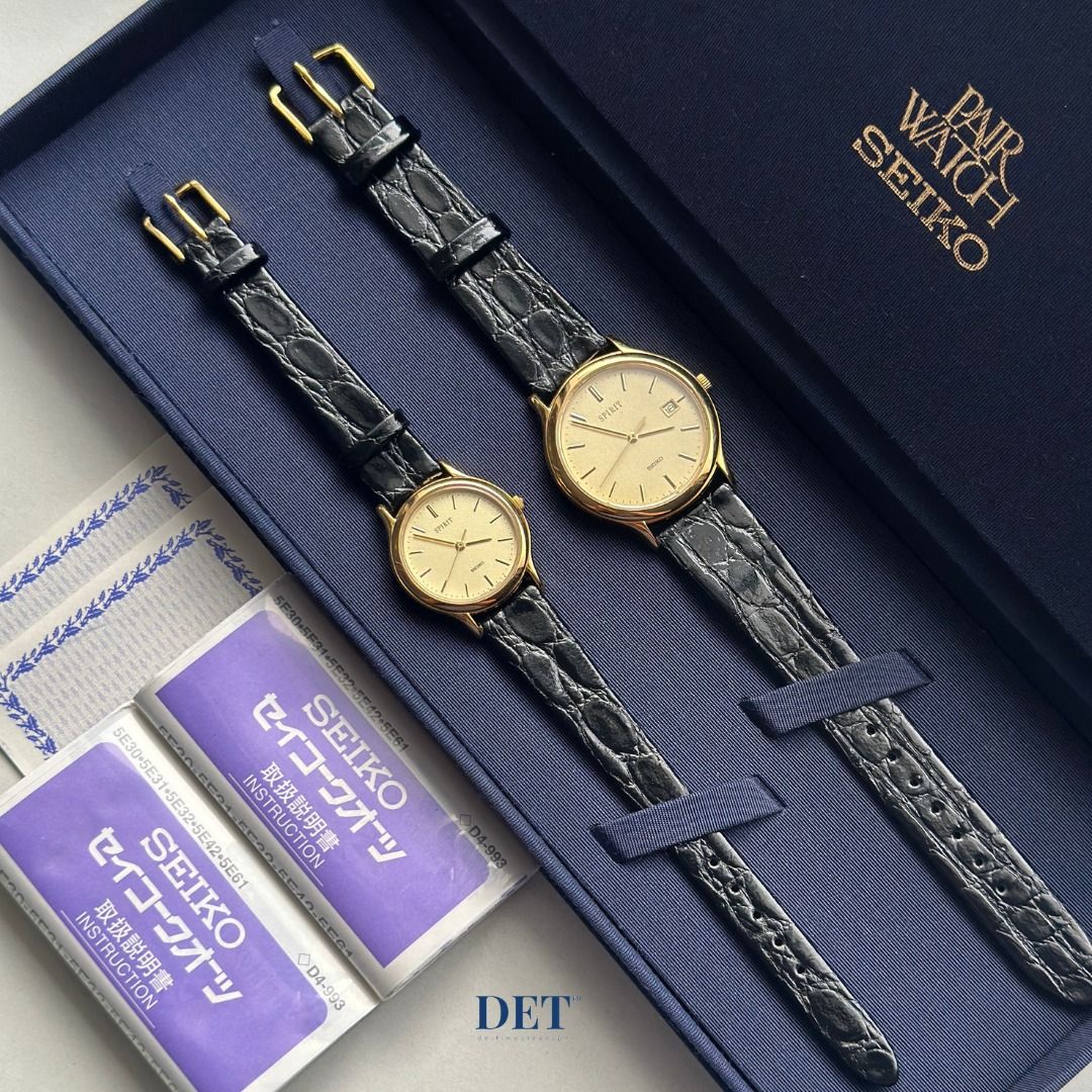 1999 Seiko Spirit Pair (Category: Men's Watches) located in Iloilo. Submitted by detimepiecesph (Listing ID 1420905147, Image 2). Description: 1999 Seiko Spirit Pair Case Code: 5E32-6A30 BMBY: December 1999 Dial Color: Gold Case size: 33mm Case Code: 5E31-6C80 BMBY: December 1999 Dial Color: Gold Case size: 22mm Complete Box and Papers Original Strap and Buckle Mint Condition Shipping shouldered by buyer Disclaimer: Pre-owned vintage watch may sh
