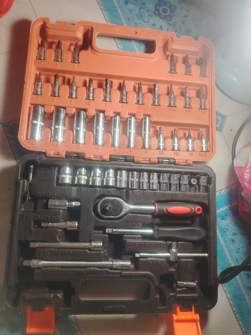 53-Piece CR-V Socket Set (Category: Electrical, Adaptors & Sockets) located in Manila. Submitted by meneses1432 (Listing ID 1420779907, Image 3). Description: - 53-piece socket set - Includes 1/4" drive deep sockets and bit sockets - Features hex keys, universal joint, extension bars, and more - Includes a flexible extension, sliding T bar, quick ratchet bar, spinner handle, and bit adaptor - Industrial-grade quality - Comes with a durable blow c