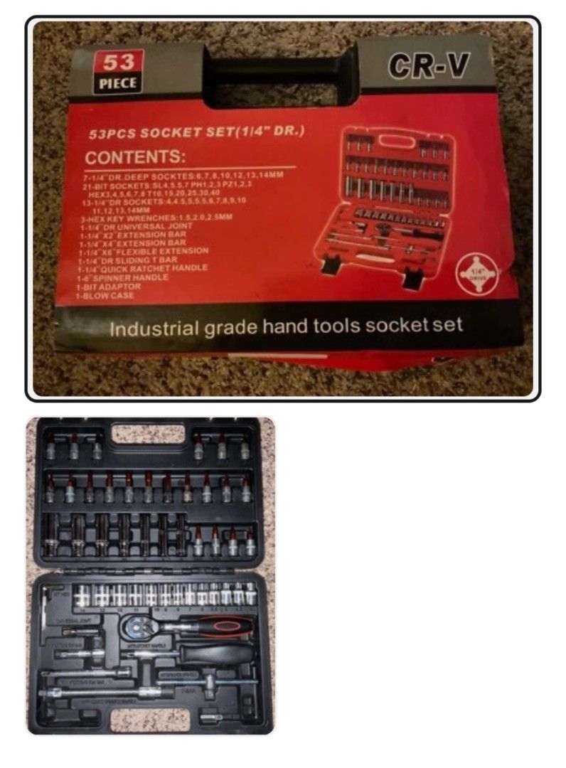 53-Piece CR-V Socket Set (Category: Electrical, Adaptors & Sockets) located in Manila. Submitted by meneses1432 (Listing ID 1420779907, Image 2). Description: - 53-piece socket set - Includes 1/4" drive deep sockets and bit sockets - Features hex keys, universal joint, extension bars, and more - Includes a flexible extension, sliding T bar, quick ratchet bar, spinner handle, and bit adaptor - Industrial-grade quality - Comes with a durable blow c
