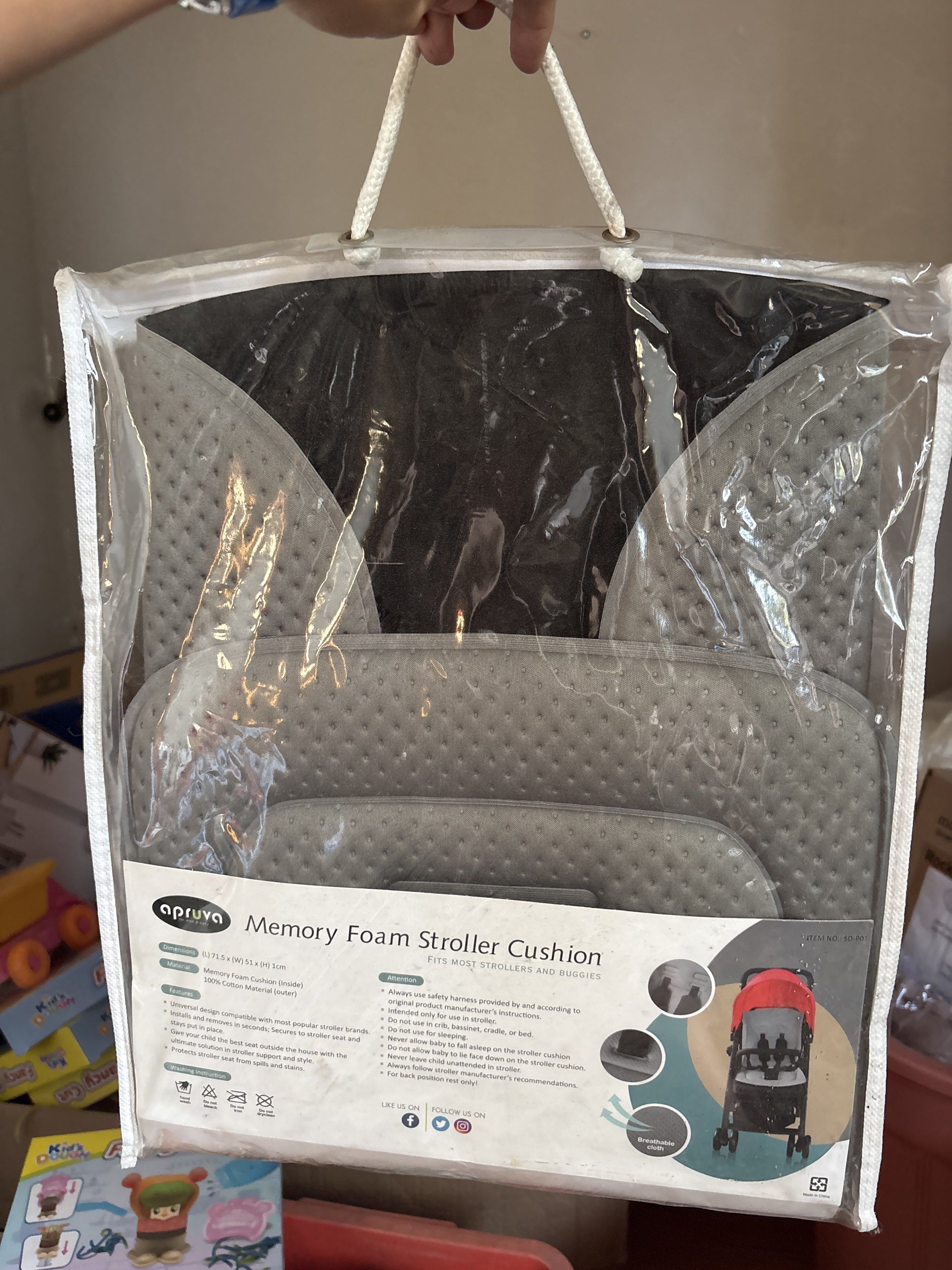 Aprica Memory Foam Stroller Cushion (Category: Strollers) located in Tarlac. Submitted by dgdgc (Listing ID 1420834126, Image 1). Description: - Aprica memory foam stroller cushion - Color: Gray - Designed for extra baby comfort - Soft and supportive memory foam - Fits most strollers - Comes in clear plastic packaging with a handle.