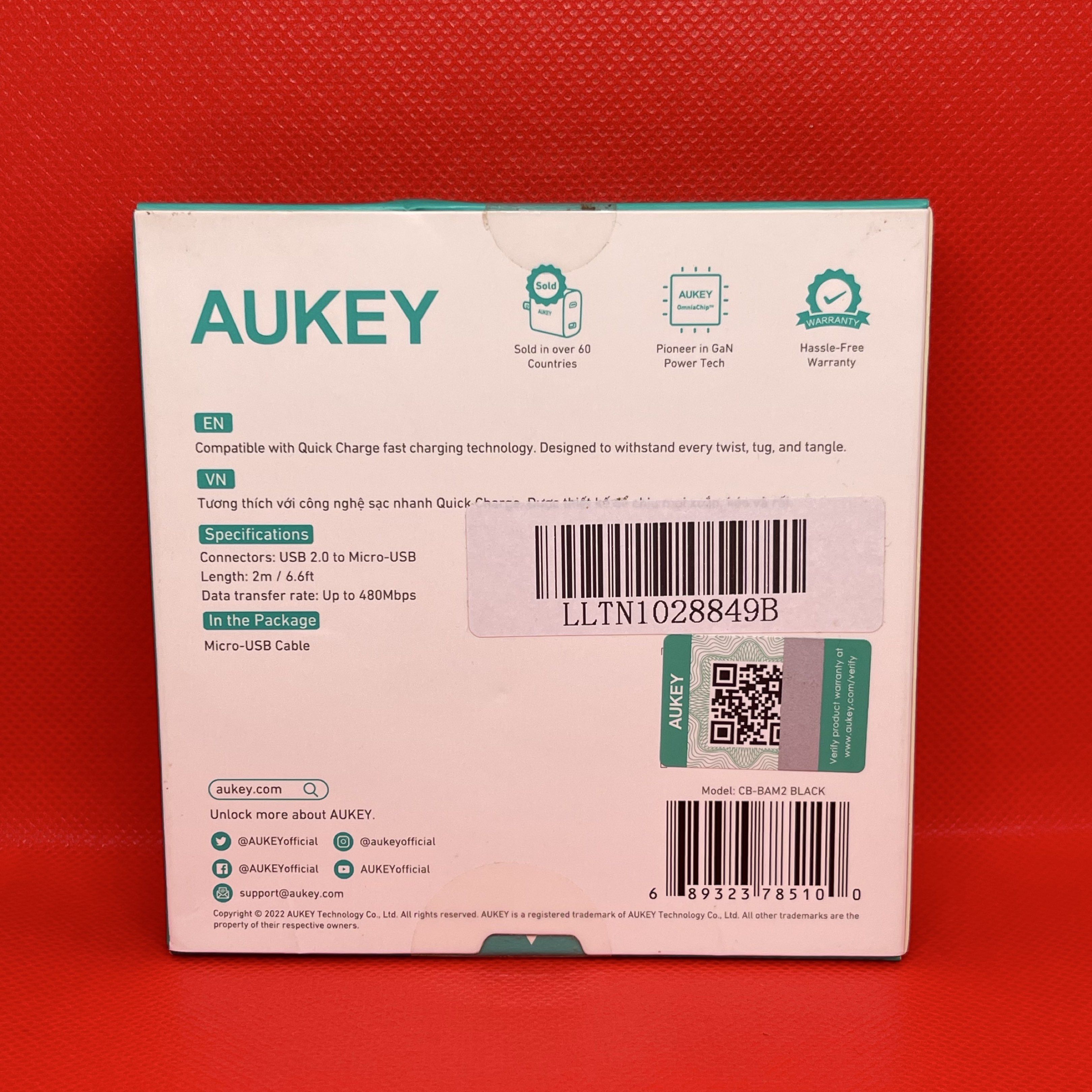 AUKEY Impulse Nylon Braided Micro USB Cable (Category: Chargers & Cables) located in San Leonardo. Submitted by emn_gadgetgrid (Listing ID 1420890780, Image 2). Description: - AUKEY Impulse Micro-USB Cable - 2 meters long - Braided nylon design for enhanced durability - Supports data transfer speeds up to 480Mbps - Compatible with Quick Charge technology - Package includes: Micro-USB cable.
