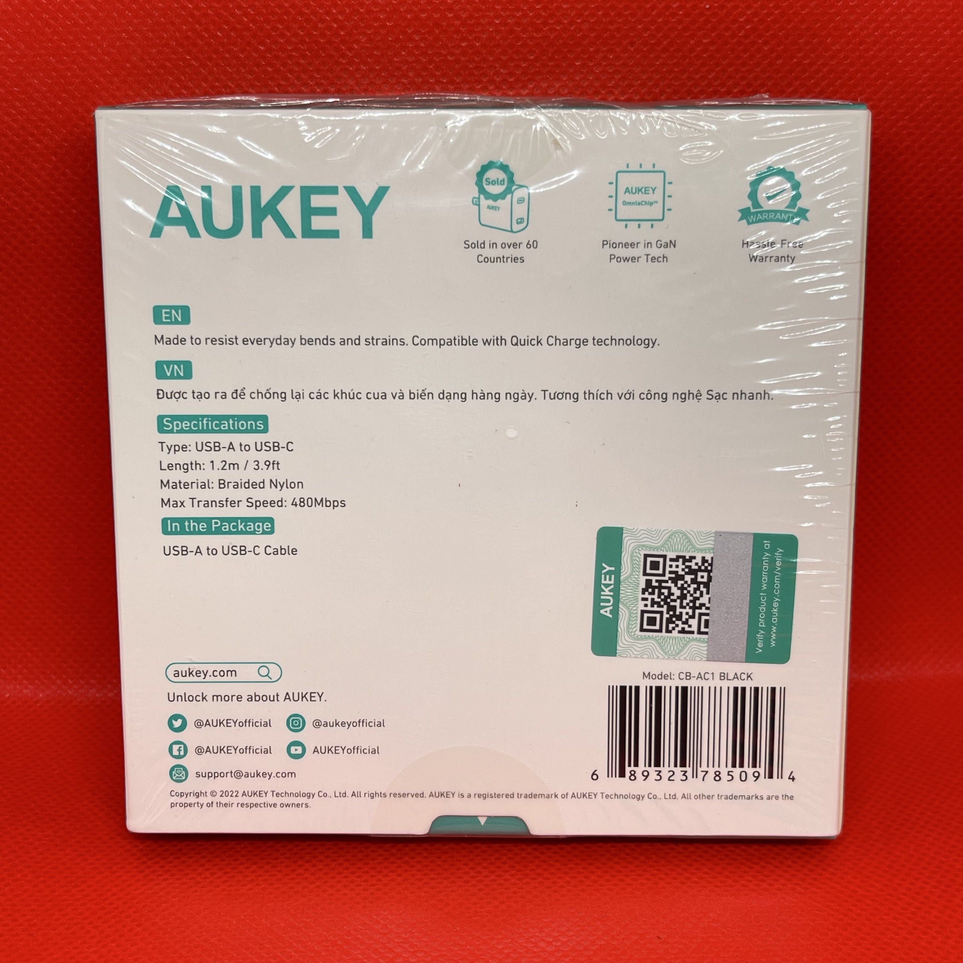 AUKEY Impulse Nylon Braided type C cable (Category: Chargers & Cables) located in San Leonardo. Submitted by emn_gadgetgrid (Listing ID 1420891461, Image 2). Description: - AUKEY Impulse Nylon USB A to type C cable. - 2 meters long - Braided nylon design for enhanced durability - Supports data transfer speeds up to 480Mbps - Compatible with Quick Charge technology - Package includes: Type- C cable.
