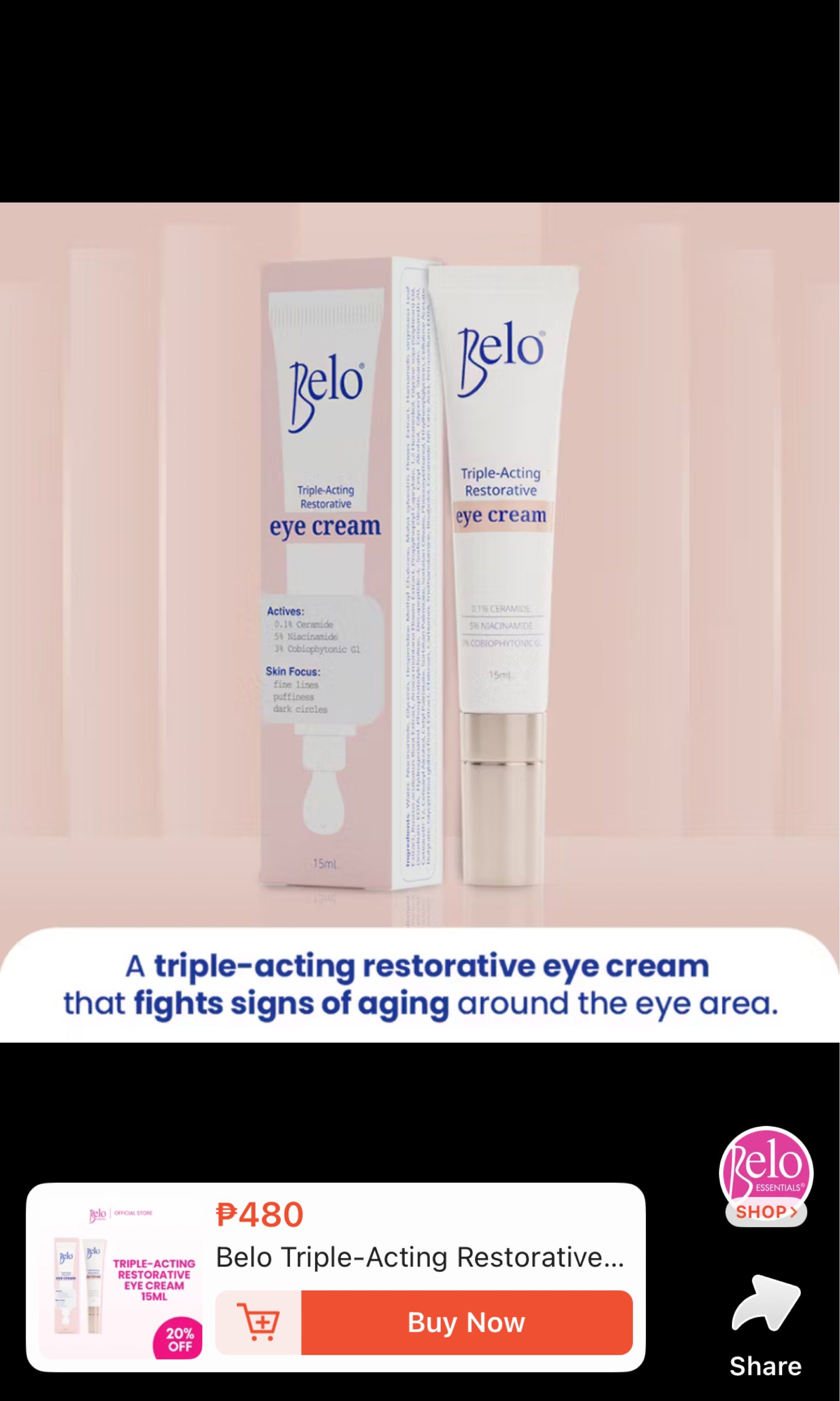 Belo Triple-Acting Restorative Eye Cream (Category: Face Care) located in Pasay City. Submitted by sethsummer (Listing ID 1420758468, Image 2). Description: Belo Triple-Acting Restorative Eye Cream. This eye cream fights signs of aging around the eye area. #eyecream RFS: extra Expiration: March 2027 .
