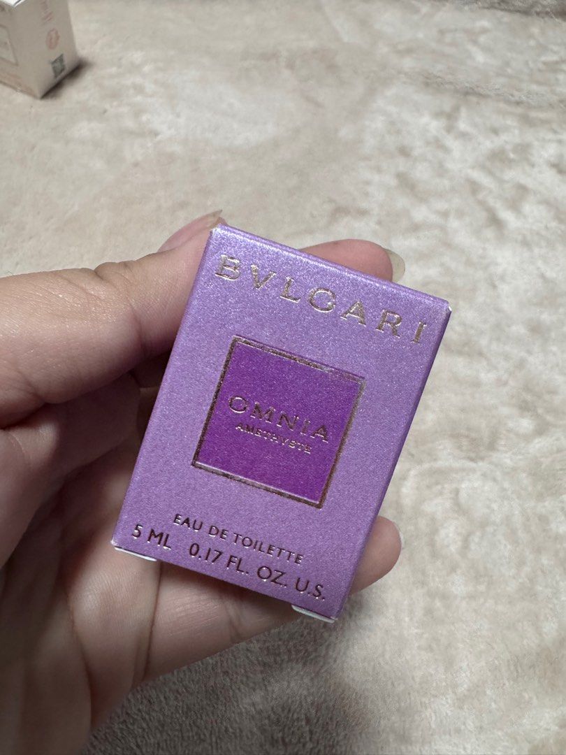 Bvlgari Omnia Amethyste Eau de Toilette 5ml (Category: Fragrance & Deodorants) located in Tagbilaran City. Submitted by fleetingticks (Listing ID 1420866485, Image 2). Description: - Bvlgari Omnia Amethyste Eau de Toilette - 5ml bottle - Purple bottle and cap - Purple box with gold lettering - Bottle code: 20P99M1 - Eau de Toilette.