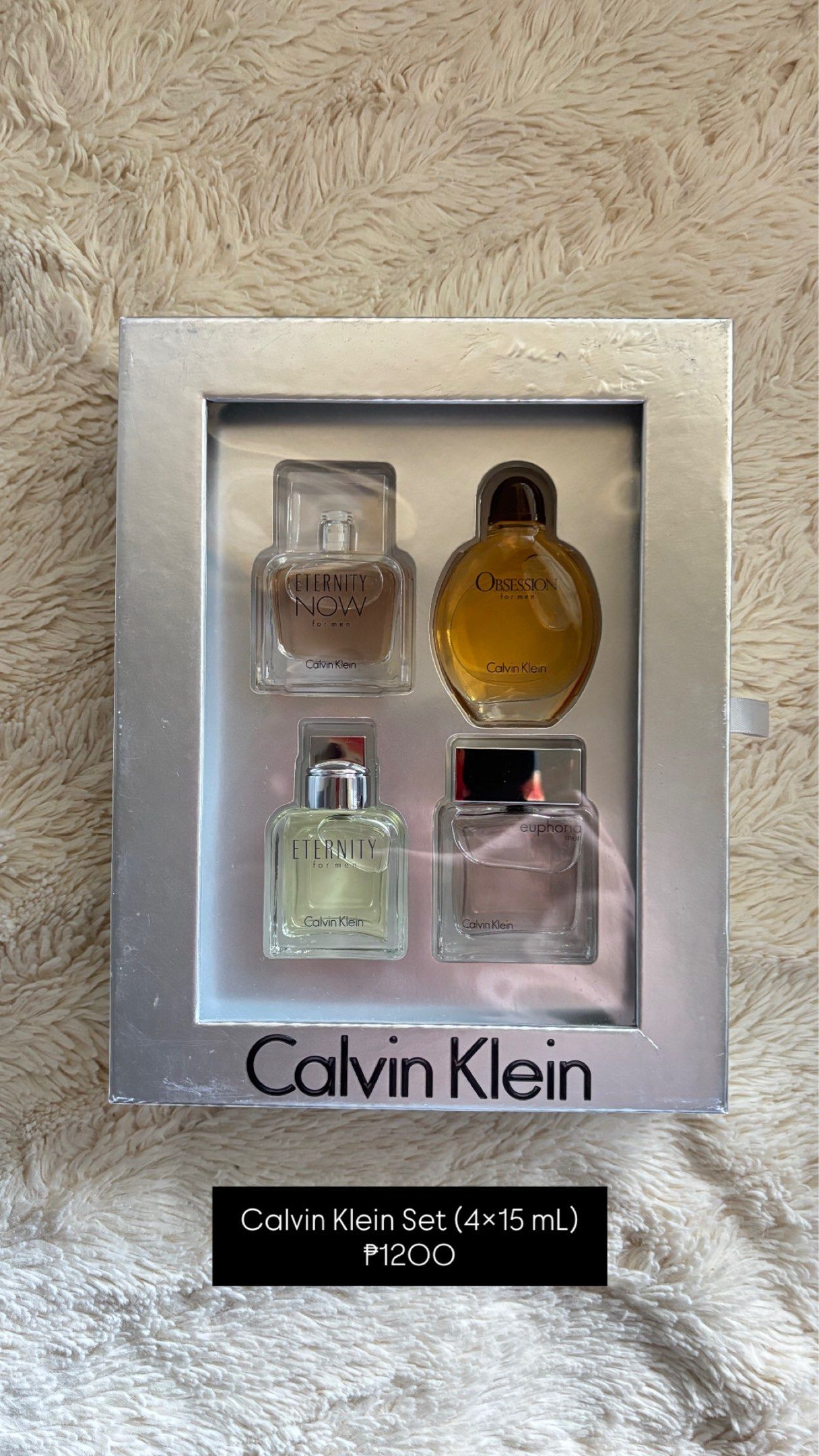 Calvin Klein Perfume Set (4 x 15 mL) (Category: Fragrance & Deodorants) located in Cainta. Submitted by declutterbydv (Listing ID 1420781950, Image 1). Description: Calvin Klein Mini Set (4×15 mL) — ₱1,200 Includes Eternity Now Men, Obsession Men, Eternity Men, Euphoria Men — perfect for exploring classic CK scents. • Authentic mini set • Ideal for gifting or travel • Well stored RFS: Collection declutter Mode of payment: GCash Delivery via Lalam