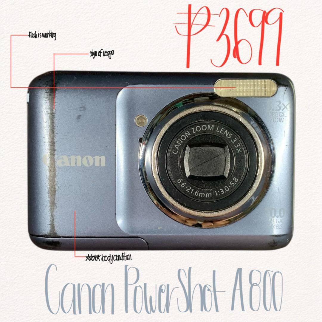 Canon PowerShot A800 Digital Camera (Category: Cameras) located in Quezon City. Submitted by _cyberplug (Listing ID 1420929952, Image 1). Description: Canon PowerShot A800 P3699 ★★★★ Body Condition ISSUE -scratches and signs of usage •10.0 Megapixels CCD sensor • 3.3× optical zoom lens • DIGIC III image processor with Smart Auto & scene recognition • Face detection & Motion Detection autofocus • Auto red-eye correction & built-in flash • Multiple