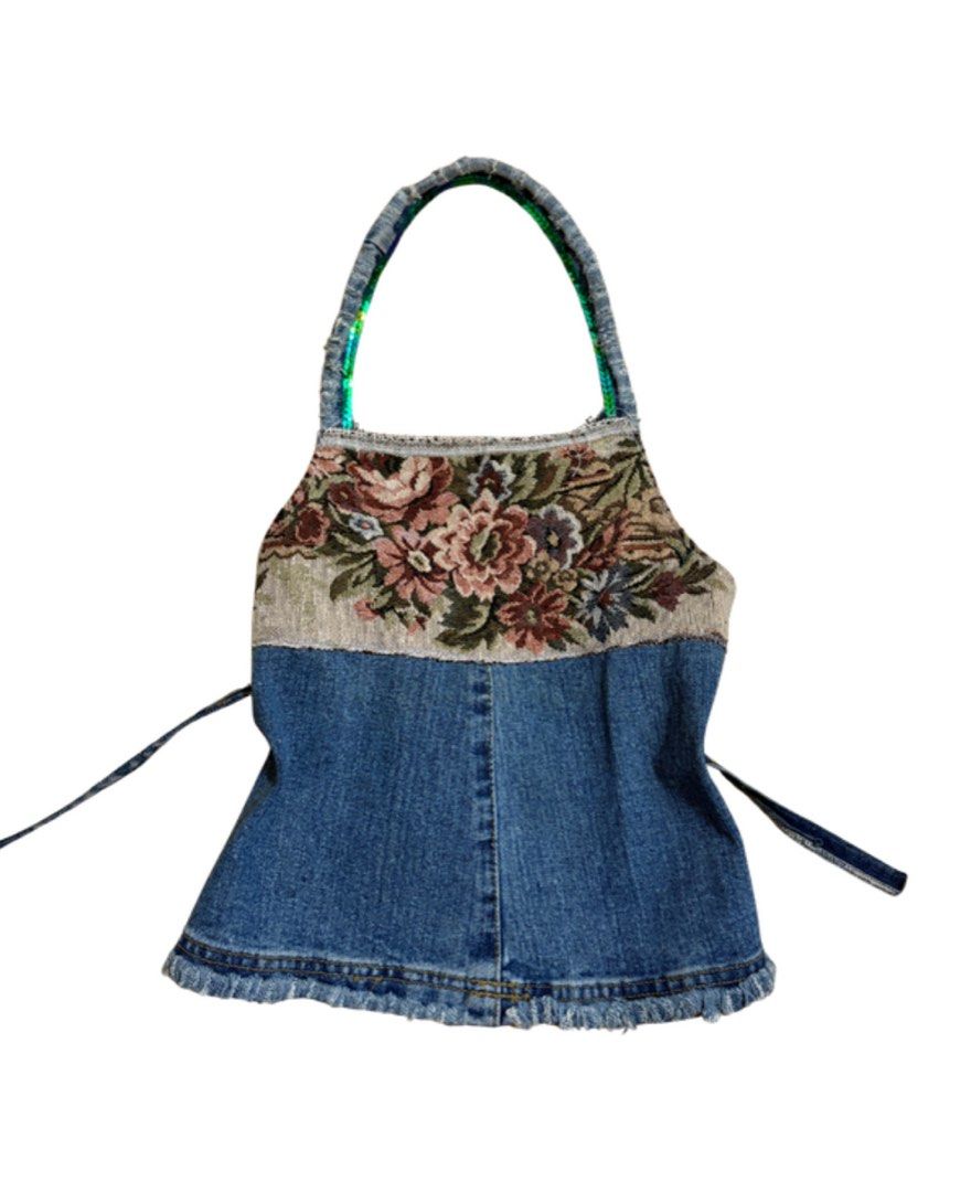 Denim Open Back Halter Top (Category: Tote Bags) located in Manila. Submitted by j_decluttering (Listing ID 1420808751, Image 1). Description: - bought this for 1,200 at a pop up but never got to use it! - super unique boho style - ties at the back - flattering fit.