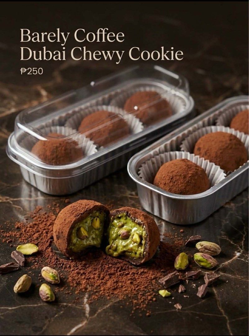 Dubai Chewy Cookies (Category: Other Food & Drinks) located in Manila. Submitted by shop_affordableitems (Listing ID 1420769095, Image 1). Description: - Barely Coffee Dubai Chewy Cookies - Chewy cookies coated in cocoa powder - Delicious pistachio filling inside - Perfect for a sweet treat or gift - ₱250 per box.