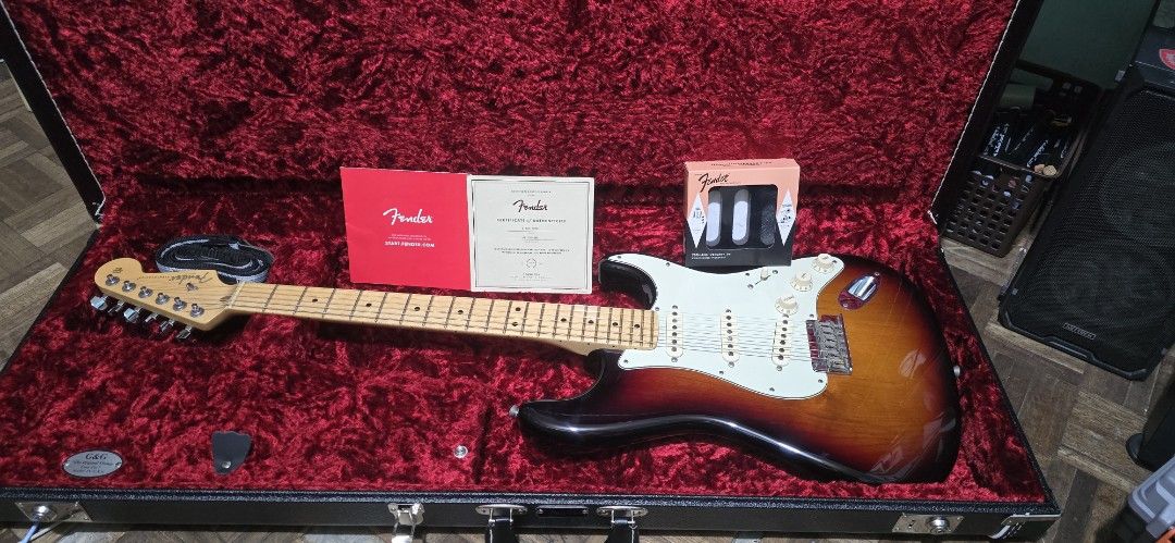 Fender Stratocaster (Category: Musical Instruments) located in Paranaque City. Submitted by ronaldoleynes (Listing ID 1420933389, Image 1). Description: - Fender Stratocaster (US made) - Sunburst finish - Maple neck - 1954 pickup set - good as new, with case - Php70k.