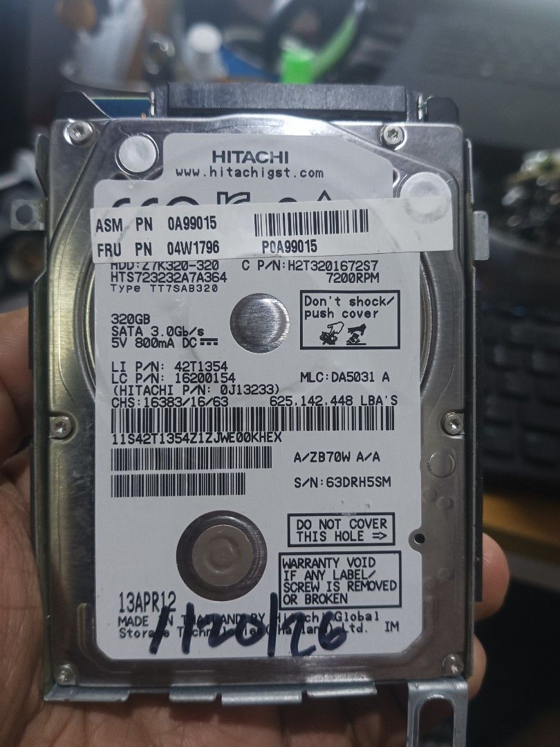 Hitachi 320GB SATA Hard Drive (Category: Hard Disks & Thumbdrives) located in Cainta. Submitted by jaime.marasigan1 (Listing ID 1420755275, Image 1). Description: Hitachi 320GB SATA hard drive. Model number HTS723232A7A364. Features 7200RPM. Includes the following part numbers: 0A99015, 04W1796, and POA99015. The drive has a 3.0Gb/s data transfer rate and requires 5V 800mA DC. The date of manufacture is 13APR12. Serial number is 63DRH5SM..