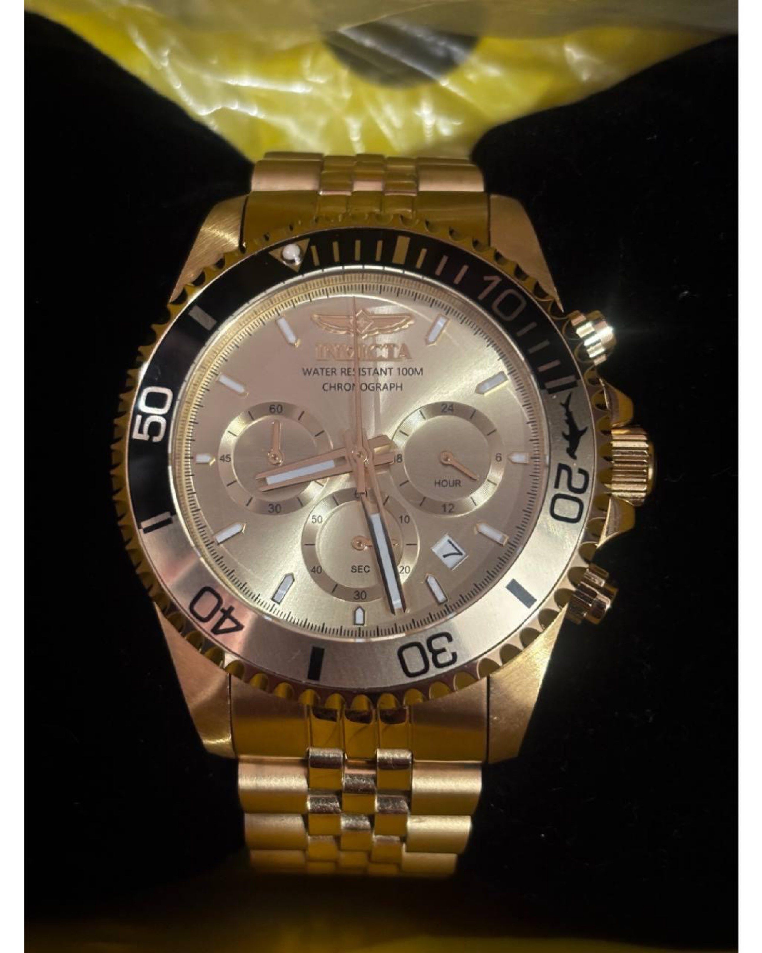 Invicta Pro Diver Chronograph Watch (Category: Men's Watches) located in Cainta. Submitted by declutteringceo (Listing ID 1420749203, Image 1). Description: - Gold-toned Invicta Pro Diver Chronograph watch - Black bezel - Gold dial with chronograph subdials - Water-resistant to 100m - Includes original box and tag - Stainless steel back - Model number: 48118.
