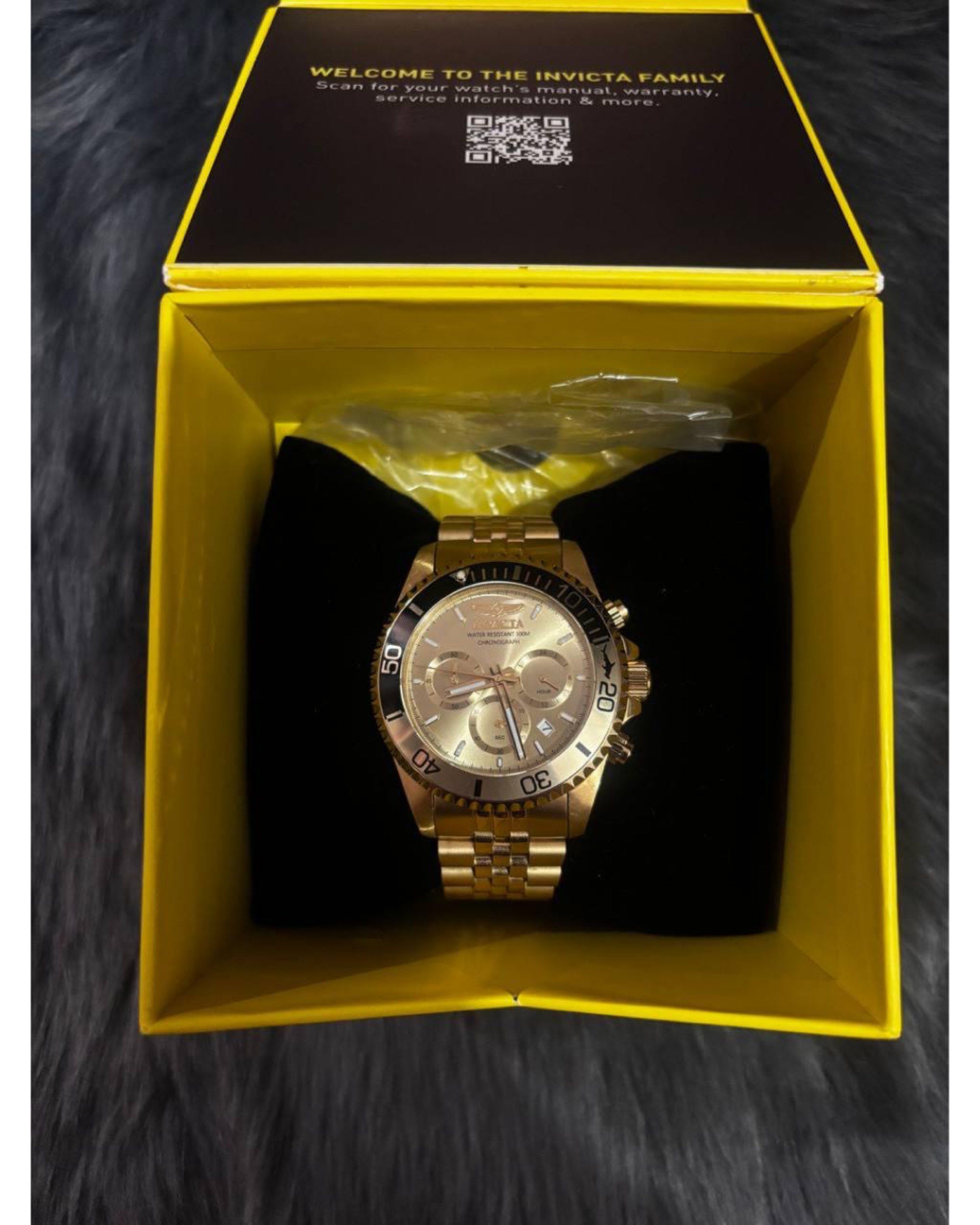 Invicta Pro Diver Chronograph Watch (Category: Men's Watches) located in Cainta. Submitted by declutteringceo (Listing ID 1420749203, Image 2). Description: - Gold-toned Invicta Pro Diver Chronograph watch - Black bezel - Gold dial with chronograph subdials - Water-resistant to 100m - Includes original box and tag - Stainless steel back - Model number: 48118.