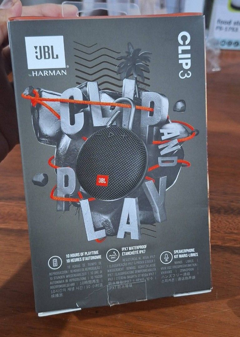 JBL Clip 3 Bluetooth Speaker (Category: Soundbars, Speakers & Amplifiers) located in Manila. Submitted by chavezmade78698 (Listing ID 1420806497, Image 3). Description: JBL Clip 3 is a portable Bluetooth speaker. It features a built-in carabiner clip for easy attachment. It is waterproof and offers up to 10 hours of playtime. The speakerphone function allows for hands-free calls..