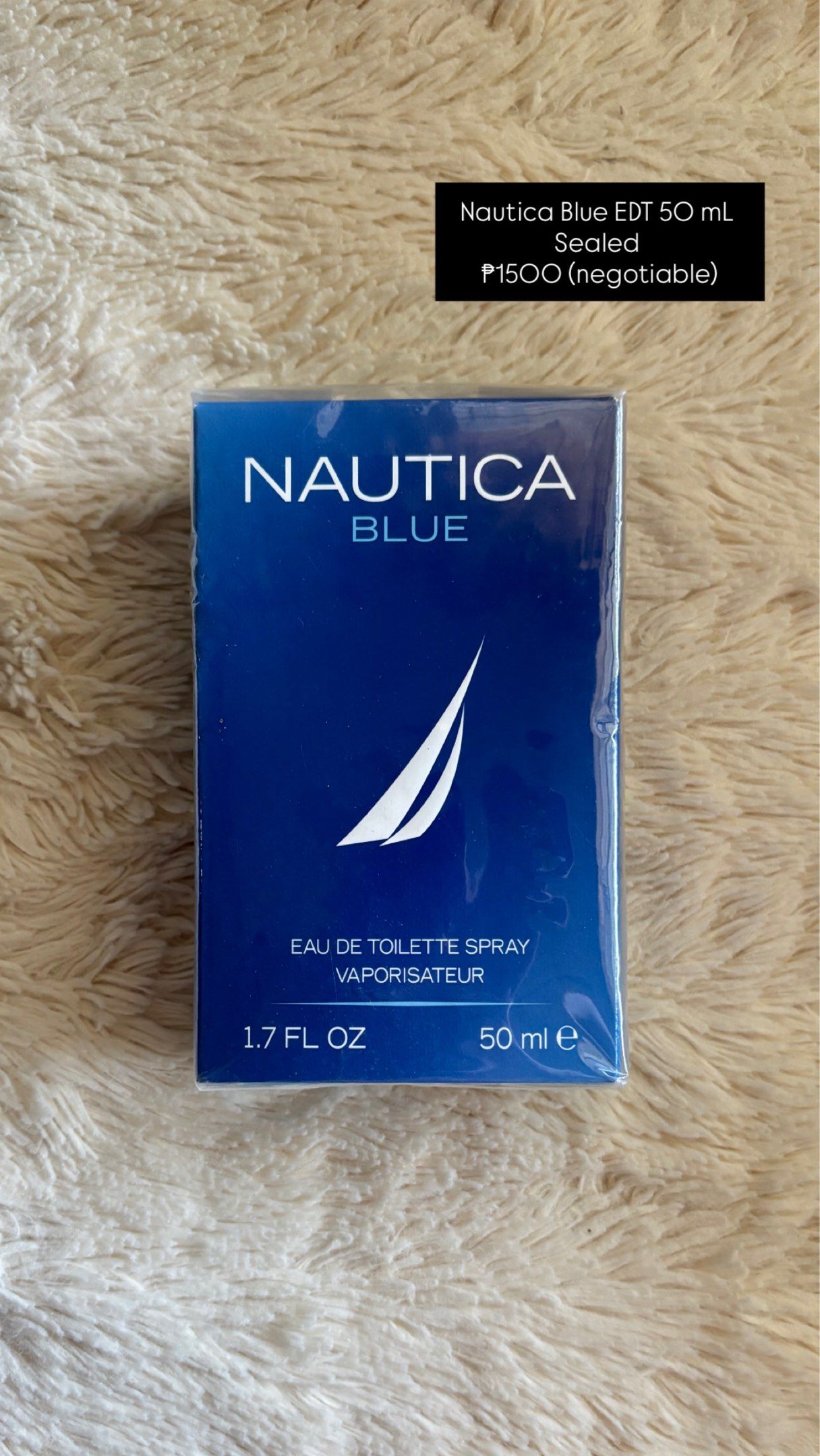 Nautica Blue EDT 50ml (Category: Fragrance & Deodorants) located in Cainta. Submitted by declutterbydv (Listing ID 1420783793, Image 1). Description: Nautica Blue EDT 50 mL — ₱1,500 Classic fresh aquatic scent — easy daily fragrance. • Boxed and sealed • Authentic • Clean packaging RFS: Downsizing collection Mode of payment: GCash Delivery via Lalamove/Grab — shouldered by buyer.