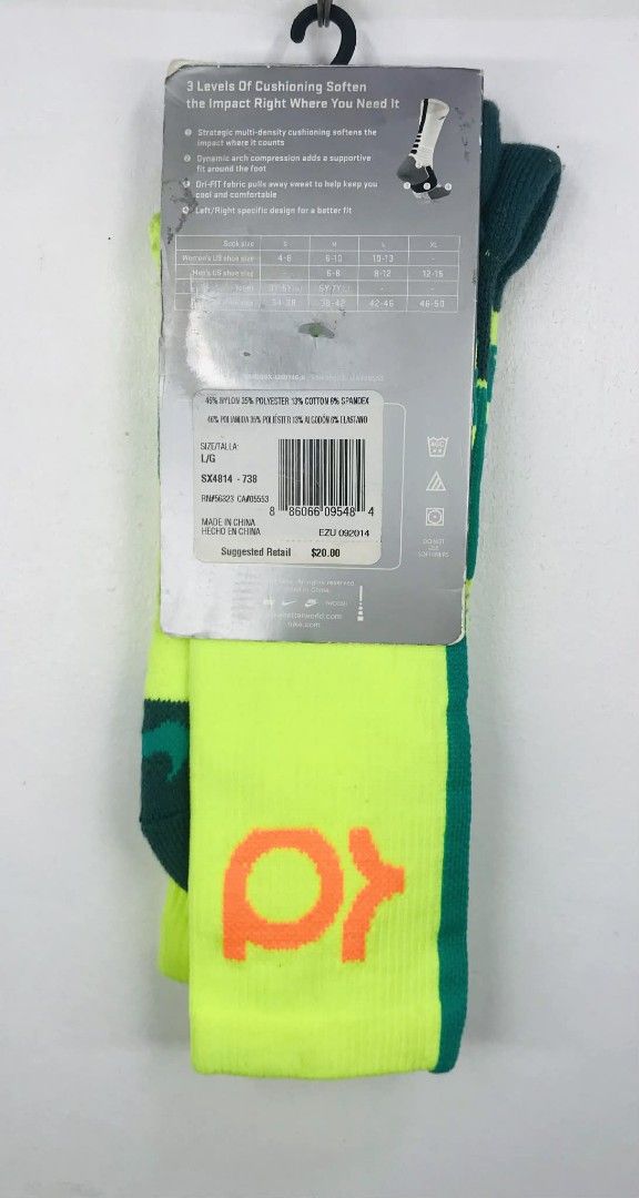 Nike Hyper Elite Basketball Socks (Category: Socks) located in Ibaan. Submitted by mardyn1218 (Listing ID 1420936046, Image 2). Description: Nike Hyper Elite basketball socks. Features a vibrant neon yellow and green color scheme with the KD logo. Designed with 3 levels of cushioning for impact absorption. Made with Dri-FIT fabric for comfort and support. Includes dynamic arch compression for a better fit. Size L..