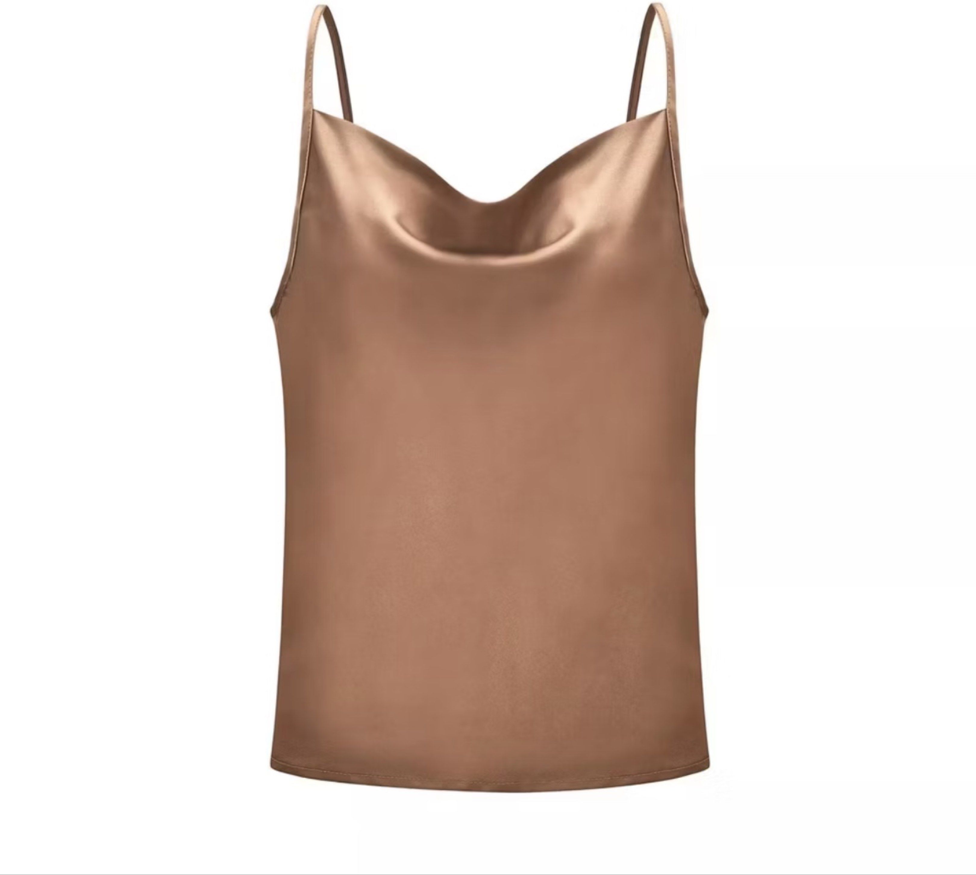 Satin Khaki Cowl Neck Camisole (Category: Sleeveless) located in Manila. Submitted by chaneli2629 (Listing ID 1420851360, Image 2). Description: - Recommended size for Medium - Also fits good for small with a fuller bust.