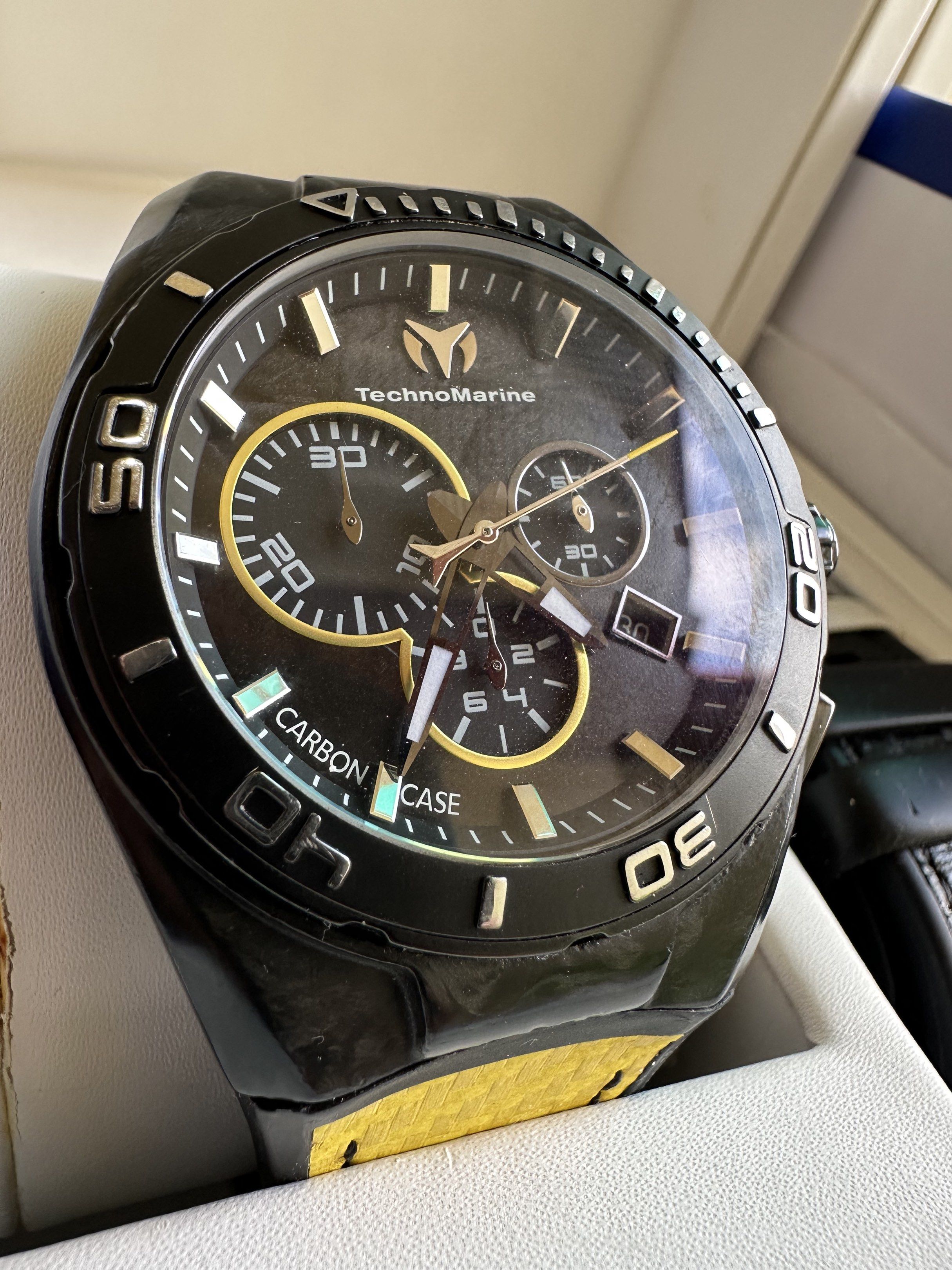 TechnoMarine Cruise Carbon Chronograph Watch (Category: Men's Watches) located in Paranaque City. Submitted by daluho.stuff (Listing ID 1420834145, Image 2). Description: - TechnoMarine Carbon Chronograph Watch - Black dial with gold accents - Date display - Carbon case - Includes 2 faux carbon silicon strap (originally included in the set) and 2 original technomarine silicon straps - Original box included - Water resistant to 20ATM/660FT - Sapph