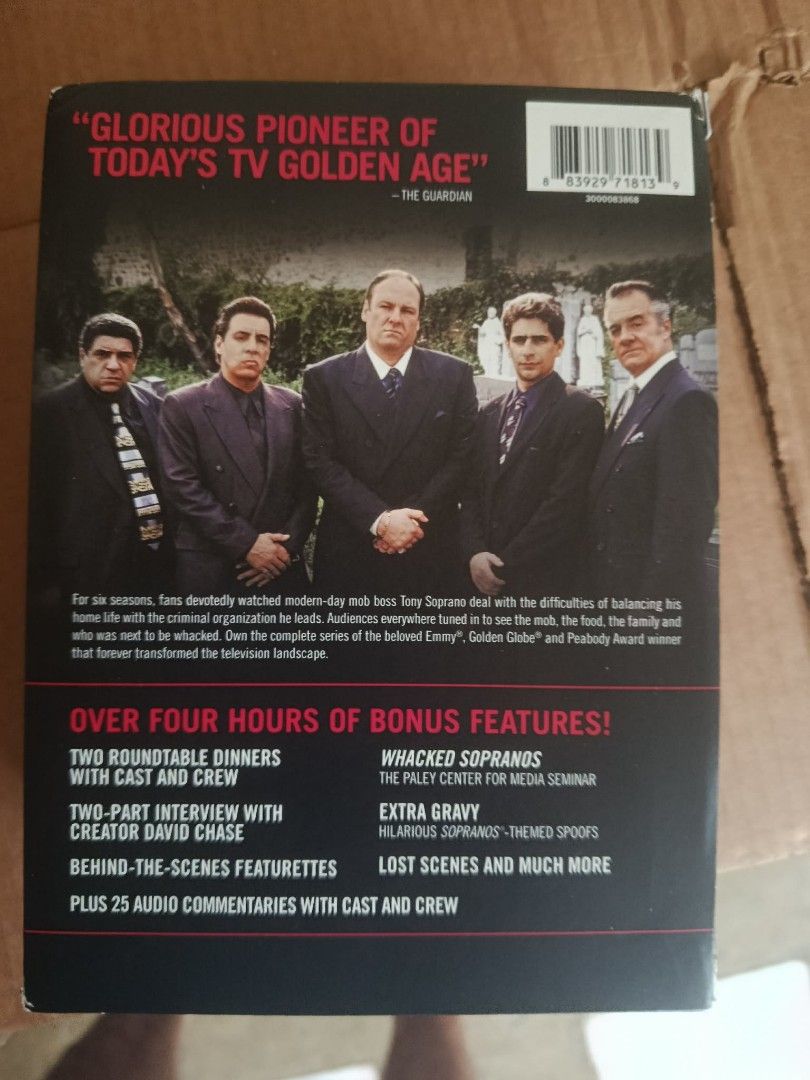 The Sopranos: The Complete Series DVD (Category: CDs & DVDs) located in Lapu-Lapu City. Submitted by cebuuniquejewelry (Listing ID 1420768924, Image 3). Description: - The Sopranos: The Complete Series DVD set. - Includes all seasons of the HBO original series. - Over four hours of bonus content. - Features interviews, behind-the-scenes features, and audio commentaries. - Perfect for fans of the show. - Multiple DVDs in a box set..