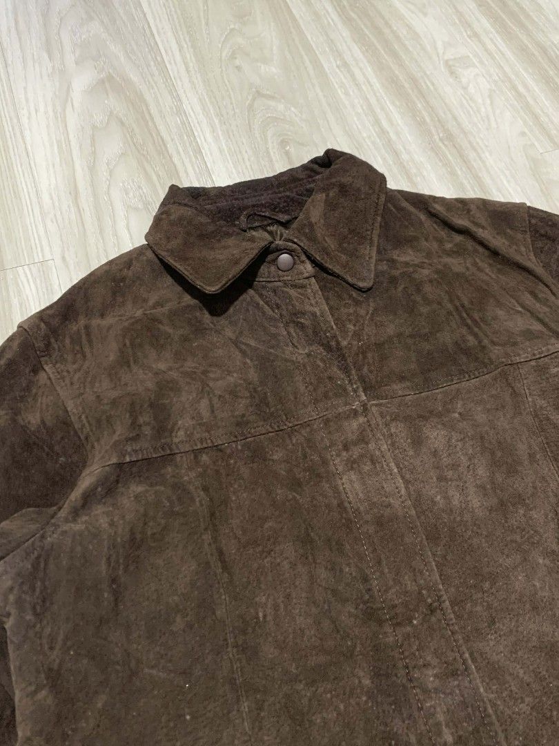 Vintage AMI Suede Leather Jacket (Category: Coats, Jackets and Outerwear) located in Naga. Submitted by unknwnstreetwear (Listing ID 1420911803, Image 3). Description: NO MAJOR FLAWS SIZE M ON TAG WIDTH 22 INCHES LENGHT 29 INCHES - AMI genuine leather jacket - Classic collared design - Button closure - Two front pockets - YBS zipper - 100% satin polyester lining - Size: Medium - Made in China.