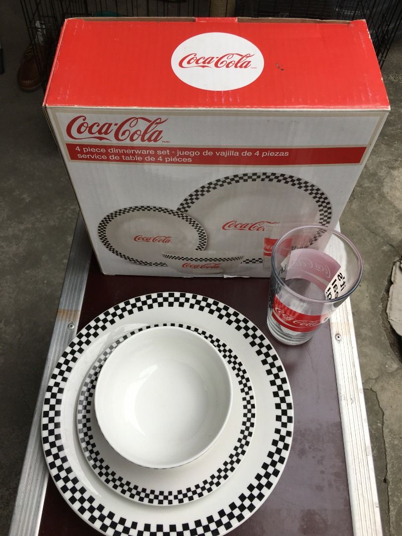 Vintage Coca-Cola 4pc Dinnerware Set (Category: Dinnerware & Cutlery) located in Calamba. Submitted by marjoh29436 (Listing ID 1420907048, Image 3). Description: A vintage Coca-Cola Dinnerware on ceramic plates, bowls and a drinking glass with design, good for every use. It is a Dishwasher / Microwave / Oven Safe. UNUSED with Box (new), in excellent conditions. (See Photos) I have available 2 box of this item. For more info or fast transaction: P