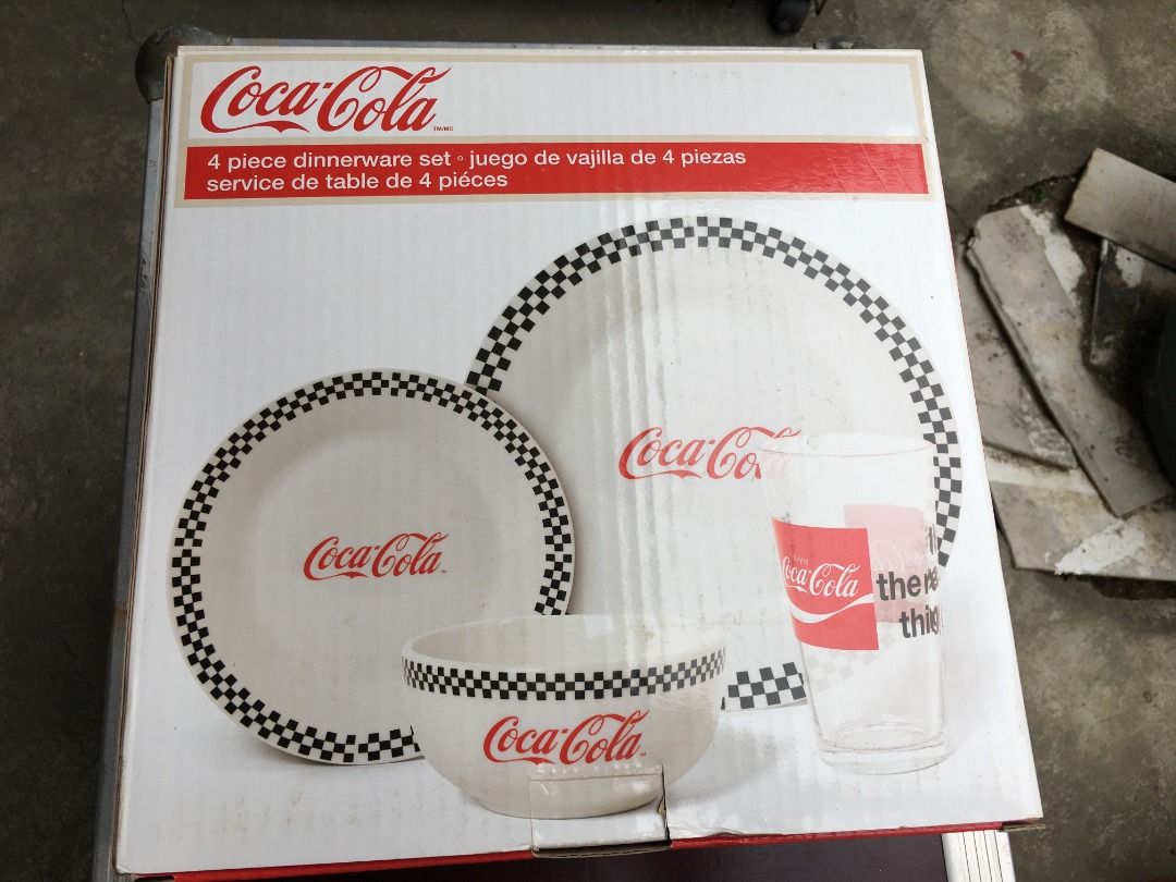 Vintage Coca-Cola 4pc Dinnerware Set (Category: Dinnerware & Cutlery) located in Calamba. Submitted by marjoh29436 (Listing ID 1420907048, Image 1). Description: A vintage Coca-Cola Dinnerware on ceramic plates, bowls and a drinking glass with design, good for every use. It is a Dishwasher / Microwave / Oven Safe. UNUSED with Box (new), in excellent conditions. (See Photos) I have available 2 box of this item. For more info or fast transaction: P