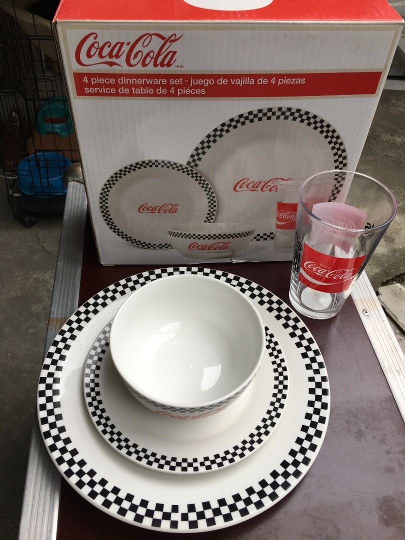 Vintage Coca-Cola 4pc Dinnerware Set (Category: Dinnerware & Cutlery) located in Calamba. Submitted by marjoh29436 (Listing ID 1420907048, Image 2). Description: A vintage Coca-Cola Dinnerware on ceramic plates, bowls and a drinking glass with design, good for every use. It is a Dishwasher / Microwave / Oven Safe. UNUSED with Box (new), in excellent conditions. (See Photos) I have available 2 box of this item. For more info or fast transaction: P