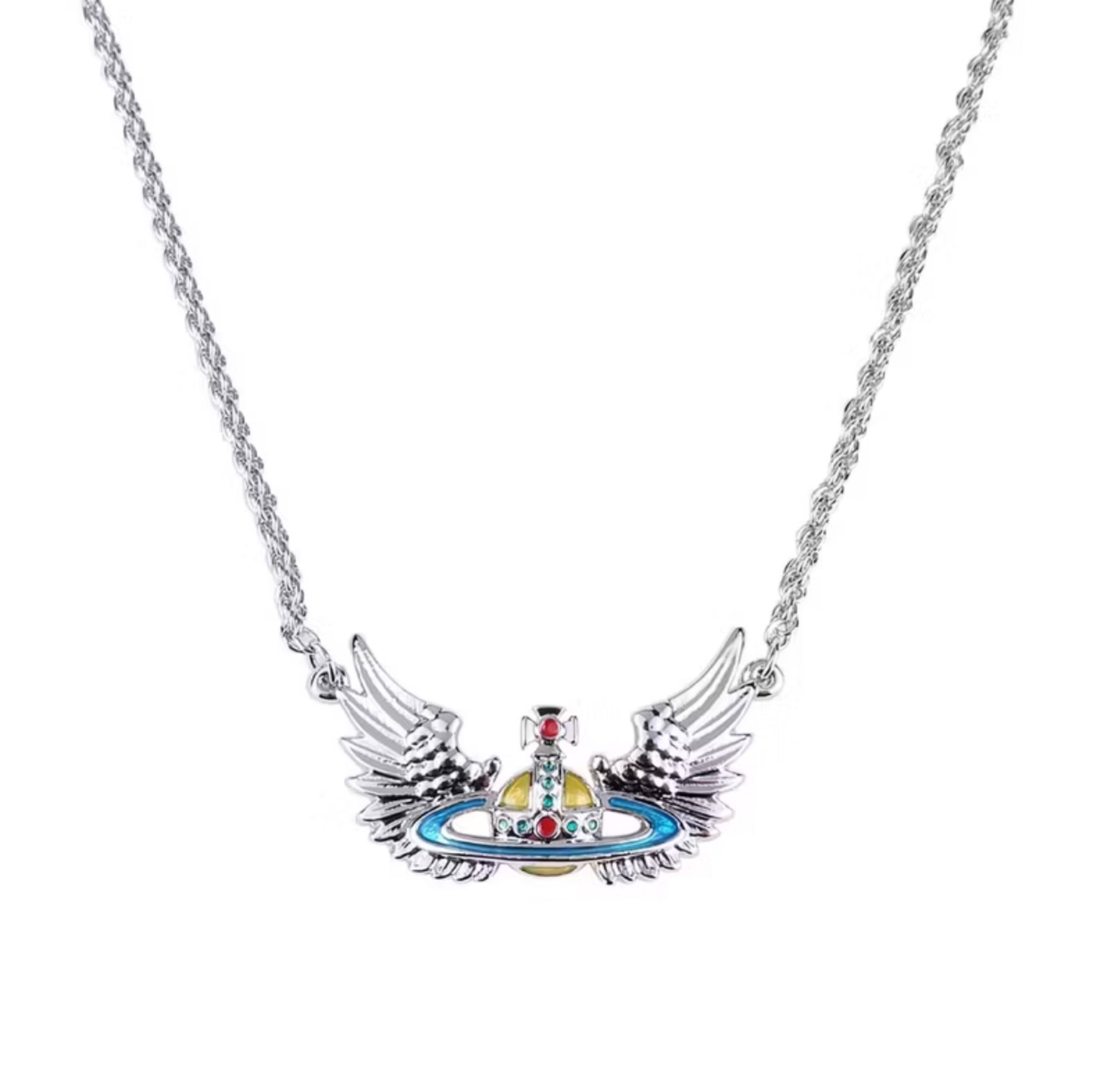Vivienne Westwood Necklace (Category: Luxury Accessories) located in Calamba. Submitted by apppp_117 (Listing ID 1420915785, Image 1). Description: - Vivienne Westwood Necklace - Features the iconic orb and wing design - Silver chain - A luxurious accessory - Unique and eye-catching design - Pre-order item - Shipping time: 7-14 days.