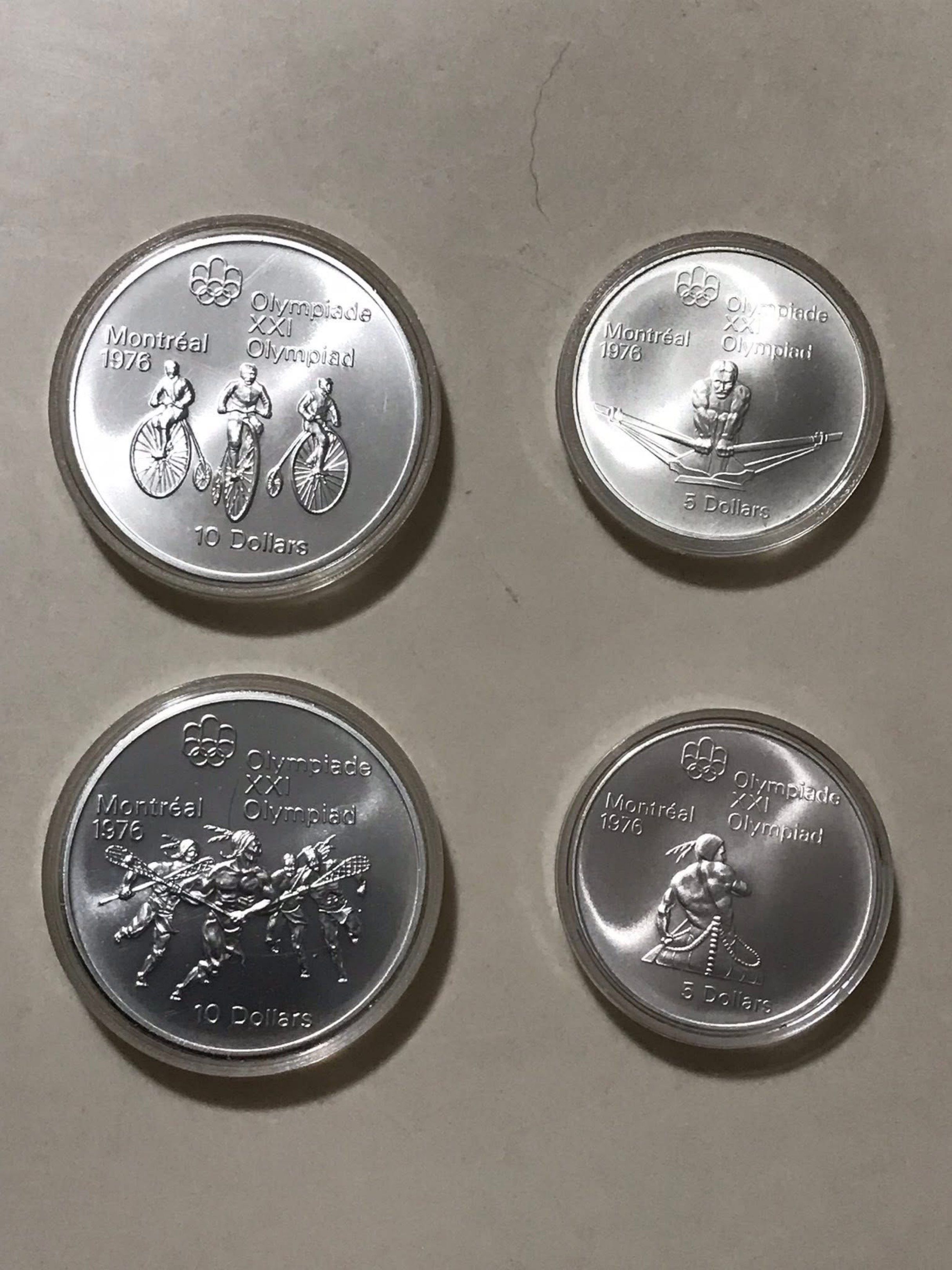 .925 Sterling Silver Coins (Category: Currency) located in Paranaque City. Submitted by jorgeramos878 (Listing ID 1420942240, Image 2). Description: - 1976 Montreal Olympics Silver Coins - Includes both 10 dollar and 5 dollar coins - Features images of Queen Elizabeth II and Olympic sports - Total weight: 145.80 grams - Coins are in protective cases SEALED.