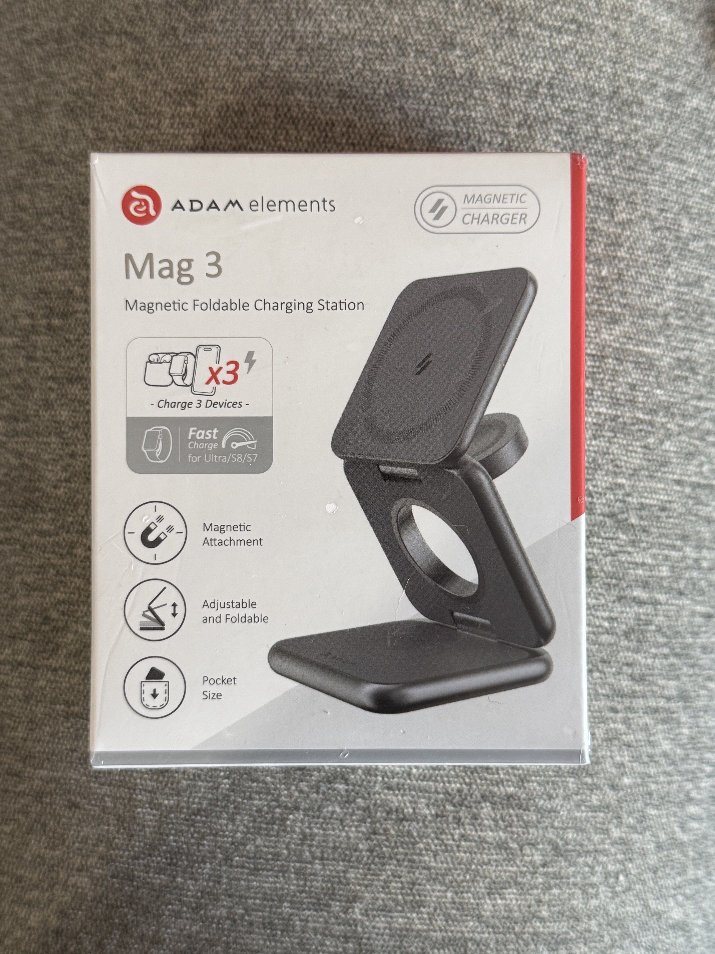 Adam Elements Mag 3 Magnetic Charging Station (Category: Chargers & Cables) located in Makati City. Submitted by lovedbydenise (Listing ID 1420964159, Image 1). Description: - 3-in-1 charging station - Foldable and pocket-sized - Fast 15W USB-C charging - Charges up to 3 devices simultaneously - Adjustable design - Color: Grayscale RFS: accidentally ordered extra. Still unopened packaging..