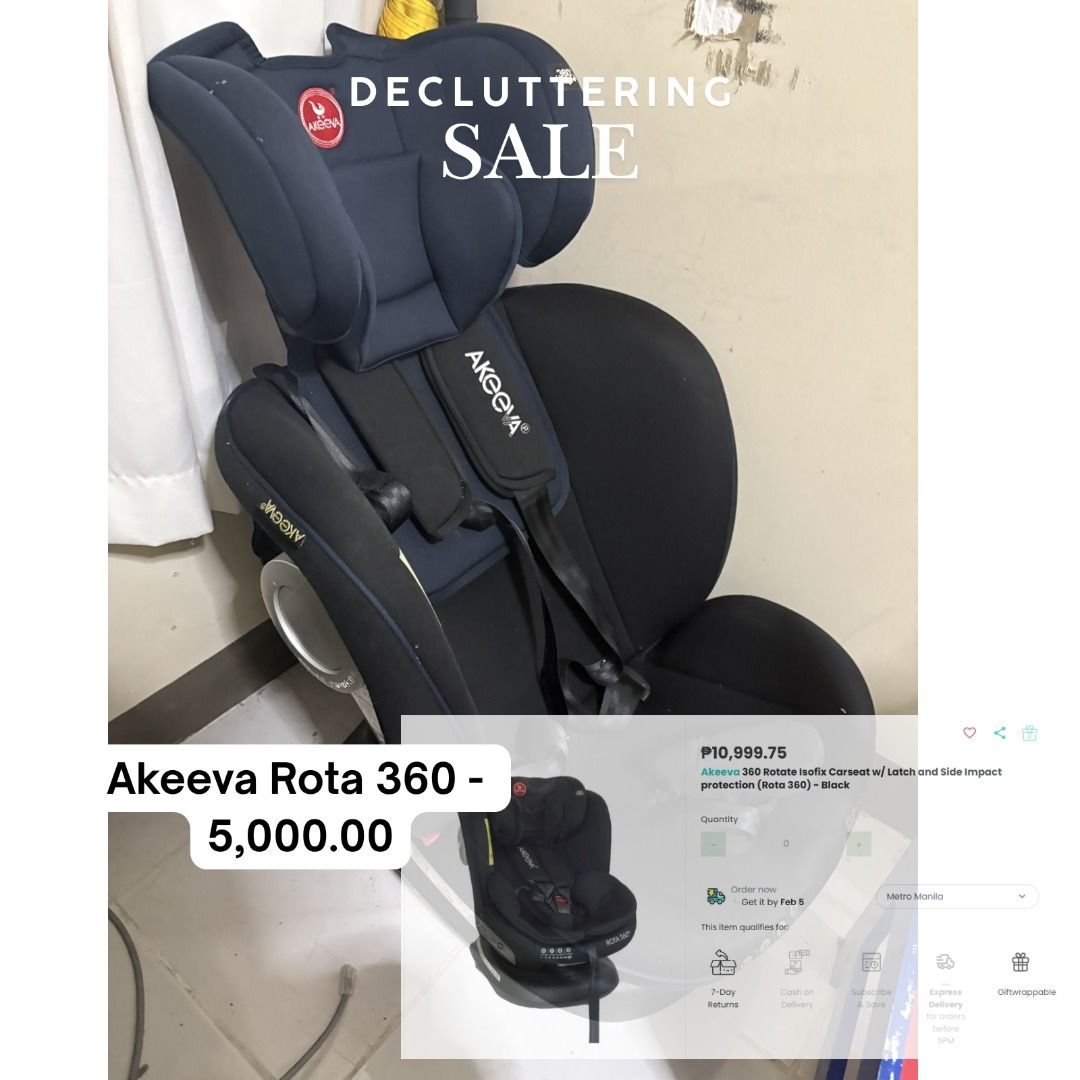 Akeeva Rota 360 Car Seat (Category: Car Seats) located in Taguig. Submitted by amaeeezing (Listing ID 1421032775, Image 1). Description: Akeeva Rota 360 car seat in black. Features a 360-degree rotation and side impact protection. The original price was ₱10,999.75. Selling for ₱5,000.00. Perfect for keeping your child safe and comfortable during car rides. ✨ Preloved but Worth It! ✨ This item is well-kept and in good working condition — some are 