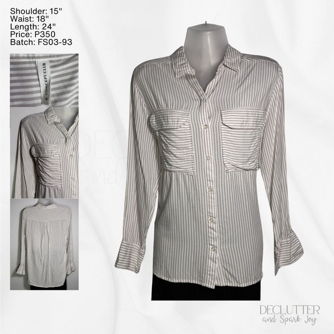 Concept Club Grey/White Stripe Button Up with Pockets (Category: Longsleeves) located in Bagabag. Submitted by decluttersparkjoy (Listing ID 1420979223, Image 1). Description: Concept Club Grey/White Stripe Button Up with Pockets Size on tag: M, can fit L Please refer to the photos for flat-lay measurements. The item is authentic and in good condition with no major issues. Please note that it may have been stored for an extended period; washing b