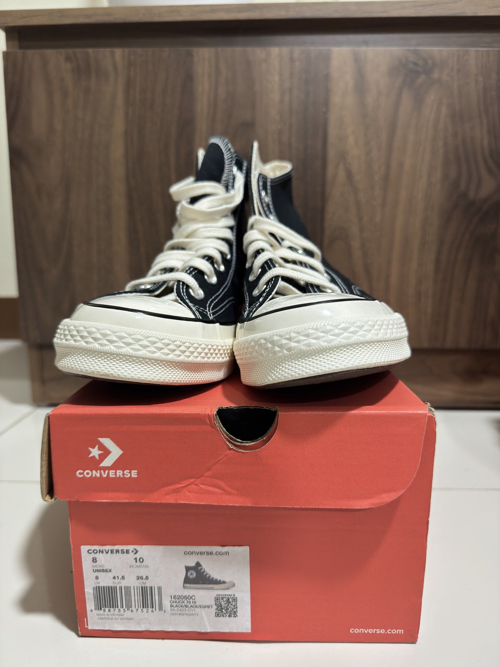 Converse Chuck 70 High Top Black (Category: Sneakers) located in Taguig. Submitted by thriftieth (Listing ID 1421105209, Image 2). Description: 💫 26.5 cm and 25.5 cm 💫 4.1k each 💫 7.5k for both pairs (bundle price) 💫 never been used 💫 no issues, no stains, no damage RFS: wrong size.