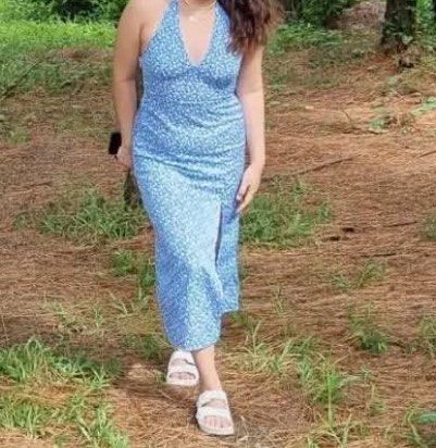 Floral Halter Blue Backless Dress (Category: Dresses) located in Quezon City. Submitted by tianaa_ (Listing ID 1421100237, Image 2). Description: Size S but fits S-M or even semi large.