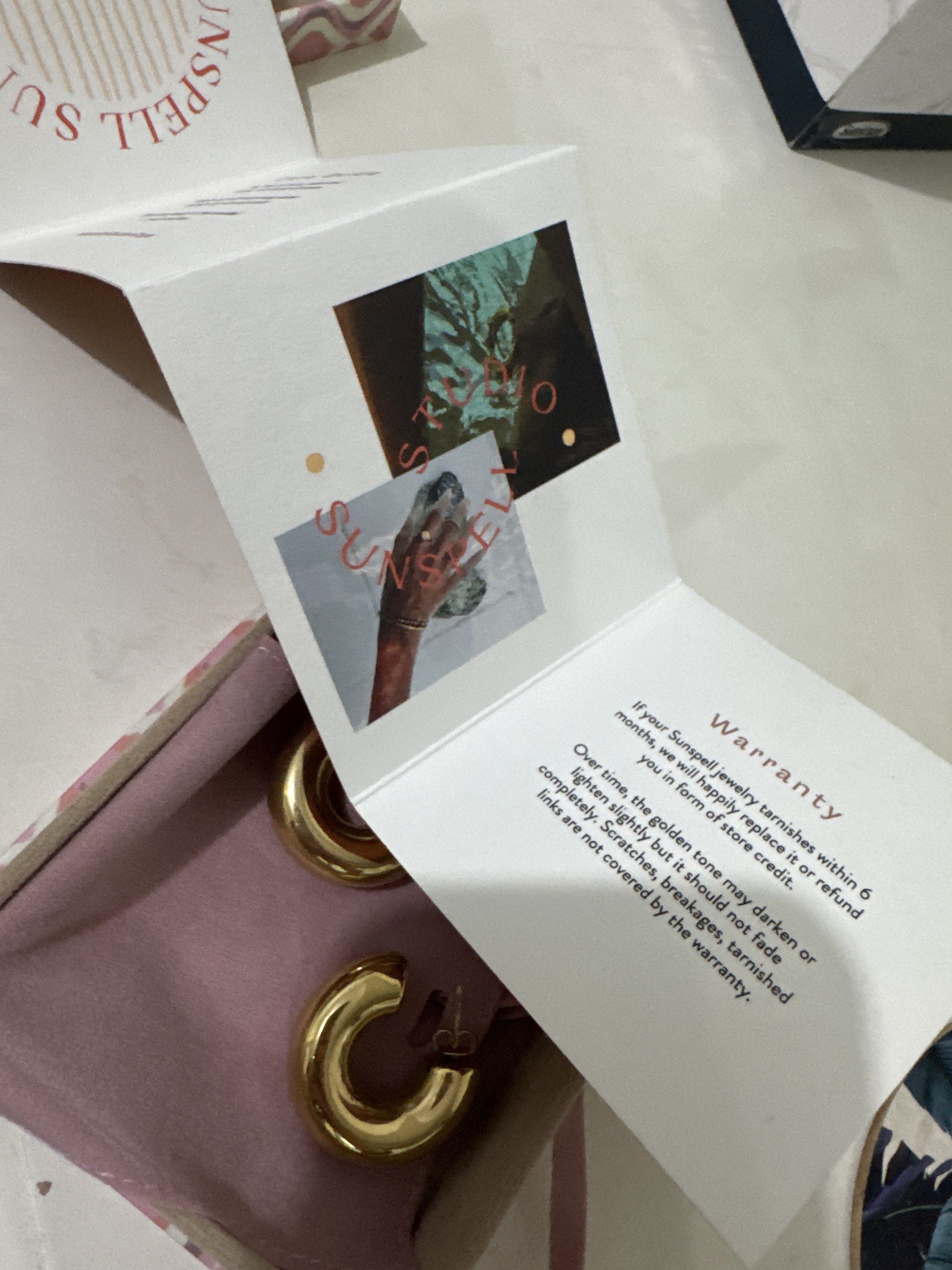 Gold Hoop Earrings - Studio Sunspell (Category: Earrings) located in Taguig. Submitted by mikkimal (Listing ID 1421087472, Image 2). Description: Studio Sunspell Sweat, Sand and Sea Resistant With box, pouch and care card.