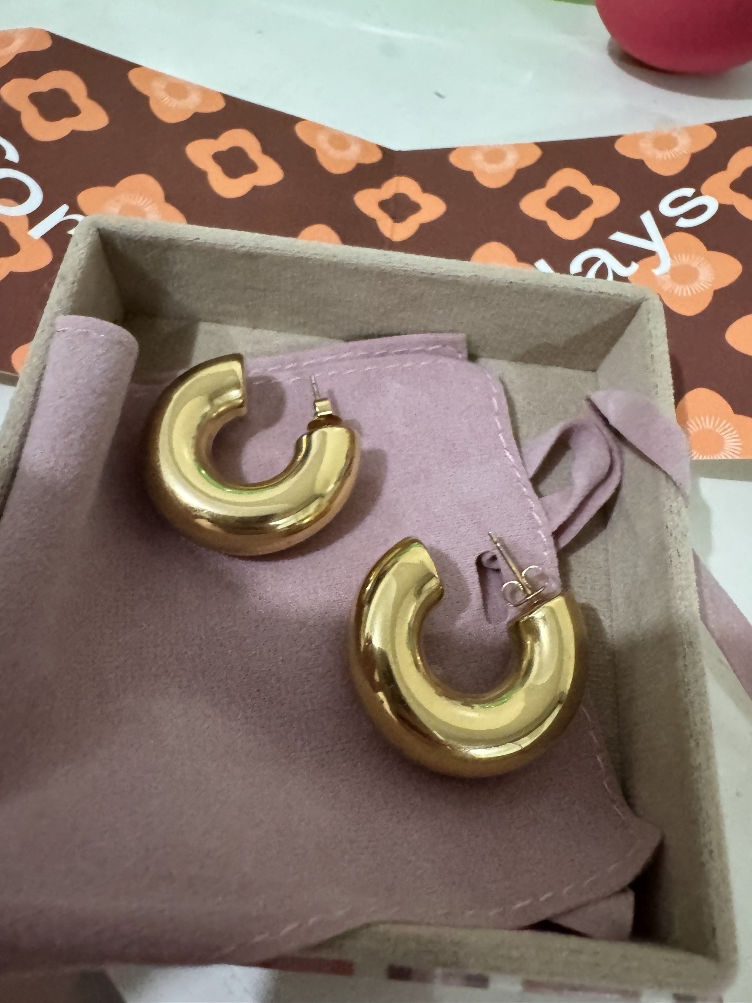 Gold Hoop Earrings - Studio Sunspell (Category: Earrings) located in Taguig. Submitted by mikkimal (Listing ID 1421087472, Image 1). Description: Studio Sunspell Sweat, Sand and Sea Resistant With box, pouch and care card.