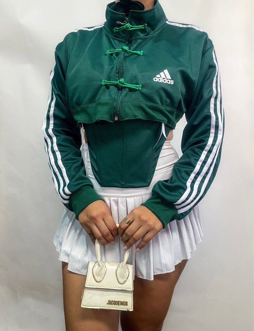 Green ADidas Jacket with Boned corset remade (Category: Coats, Jackets and Outerwear) located in San Pablo. Submitted by buttonsandcollars (Listing ID 1420984734, Image 1). Description: Green ADidas Jacket with Boned corset remade Small to Medium Back tie Free choker ✂️We do Alteration✂️ Code: Callin Mine 1100.