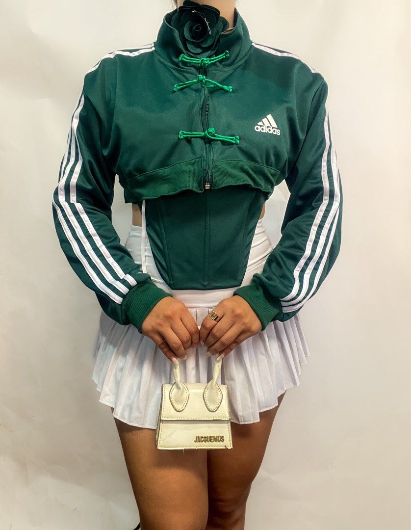 Green ADidas Jacket with Boned corset remade (Category: Coats, Jackets and Outerwear) located in San Pablo. Submitted by buttonsandcollars (Listing ID 1420984734, Image 3). Description: Green ADidas Jacket with Boned corset remade Small to Medium Back tie Free choker ✂️We do Alteration✂️ Code: Callin Mine 1100.