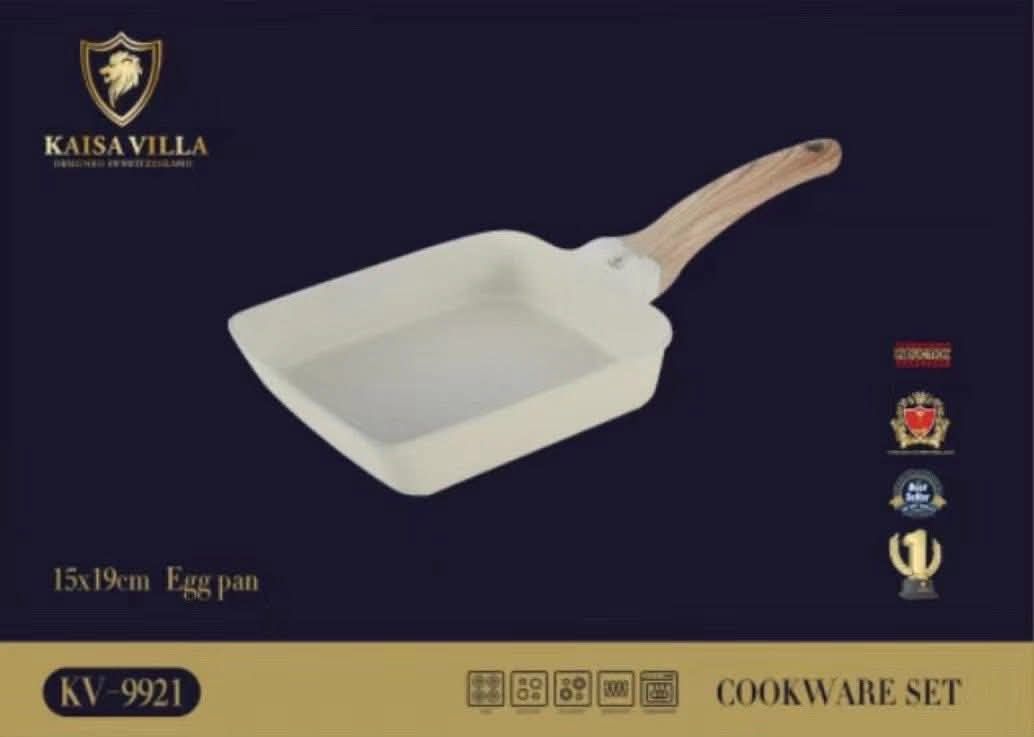 Kaisa Villa Egg Pan (Category: Cookware & Accessories) located in Manila. Submitted by jelai.cybyb (Listing ID 1421113565, Image 1). Description: Kaisa Villa egg pan is perfect for making omelets and other small dishes. It features a non-stick surface and a wooden handle for easy cooking and handling. The pan is 15x19cm, ideal for individual servings. It's part of a cookware set and is designed for efficient and even cooking..
