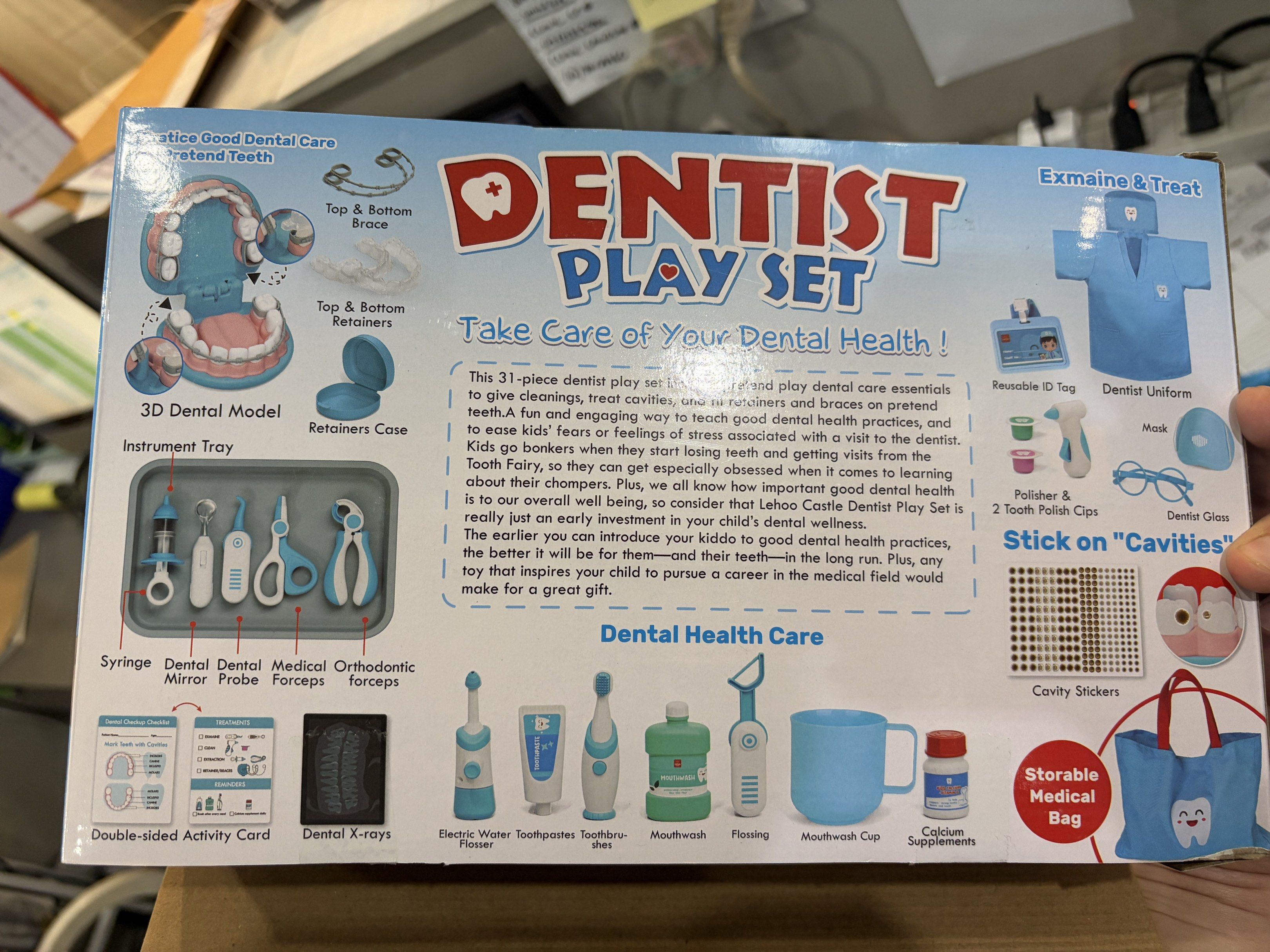 Lehoo Castle Dentist 31 piece Play Set (Category: Kids Toys) located in Mandaluyong City. Submitted by justindmd (Listing ID 1420966039, Image 2). Description: Unopened - Lehoo Castle Dentist Play Set for kids! - Includes a 3D dental model and various dental tools. - Features an electric water flosser and mouthwash. - Comes with a dentist uniform, mask, and reusable ID tag. - Includes a storble medical bag and stick-on cavities. - Designed for ch