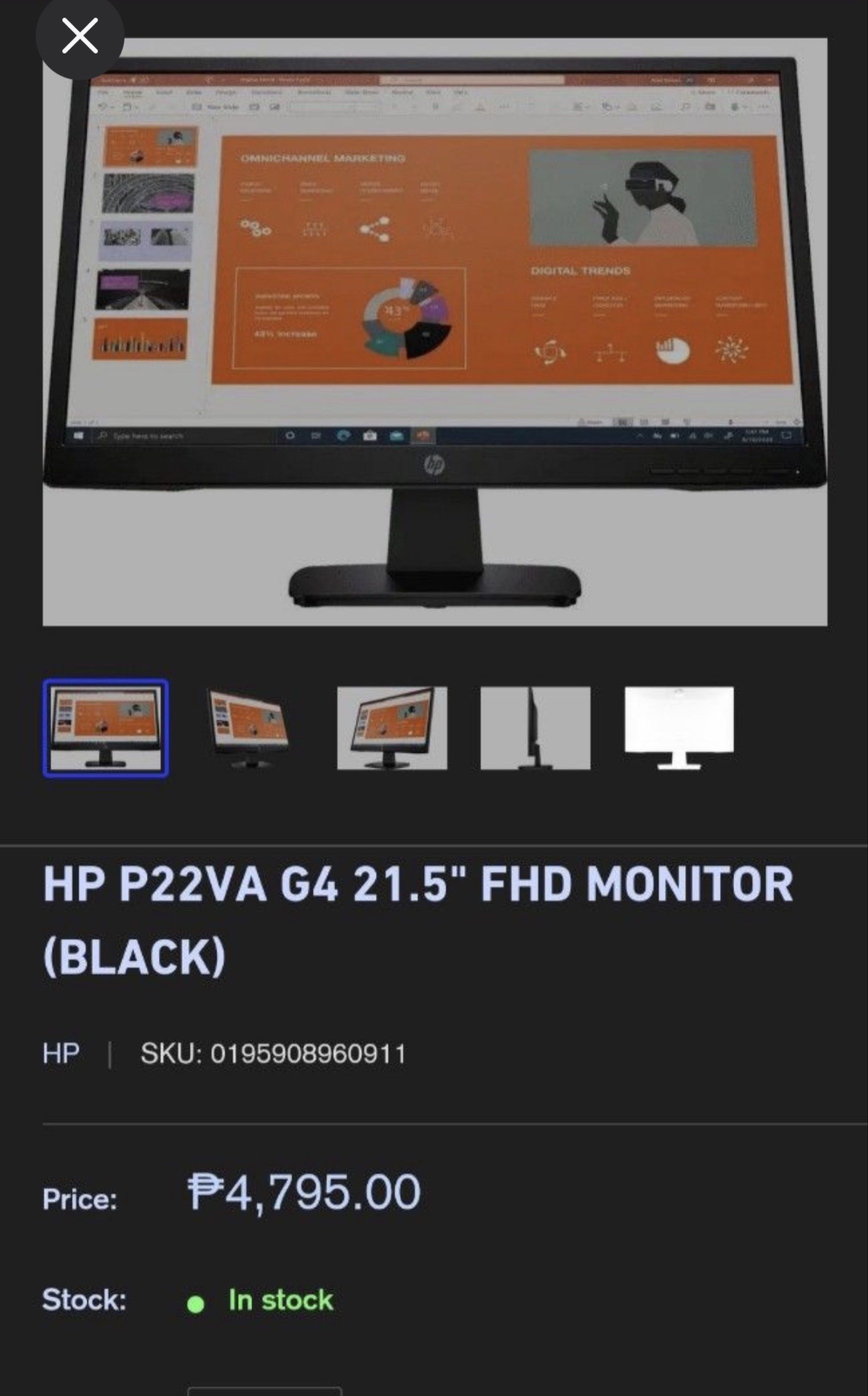 Monitor (Black) (Category: Monitor Screens) located in Quezon City. Submitted by heyhell (Listing ID 1420988071, Image 2). Description: HP P22va G4 21.5" FHD monitor. It comes with a power cable, a USB cable, and a stand. The monitor displays a clear image. It is in good working condition. Perfect for work or gaming. Still negotiable. I have 2 of these. .
